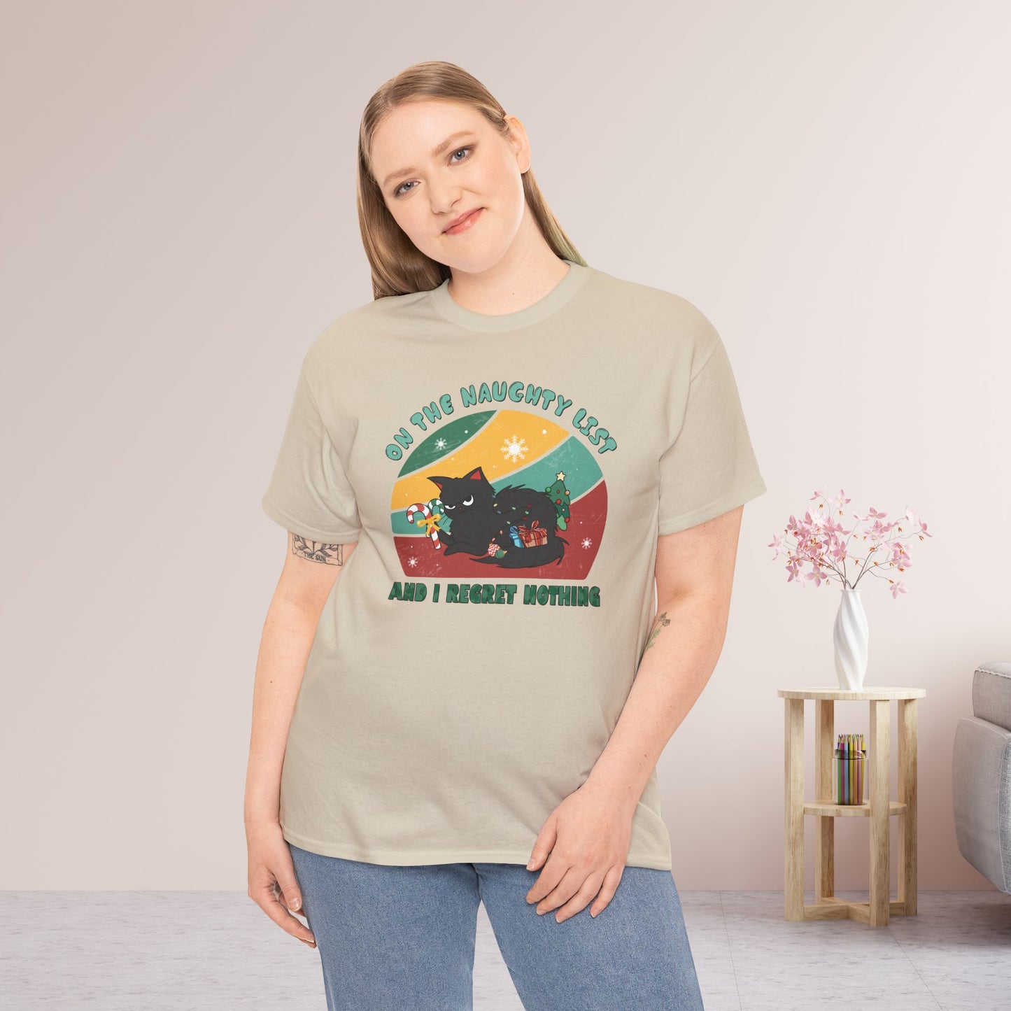 On The Naughty List Funny Cat Christmas Heavy Cotton Tee - Cat Lovers Christmas Gift