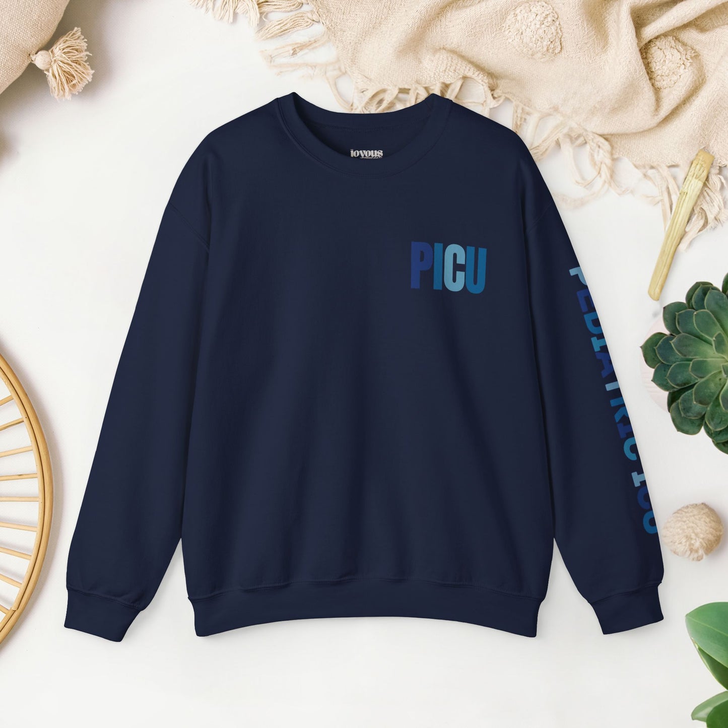 Trendy Blue PICU Sweatshirt with Sleeve Print - Pediatric ICU Crewneck