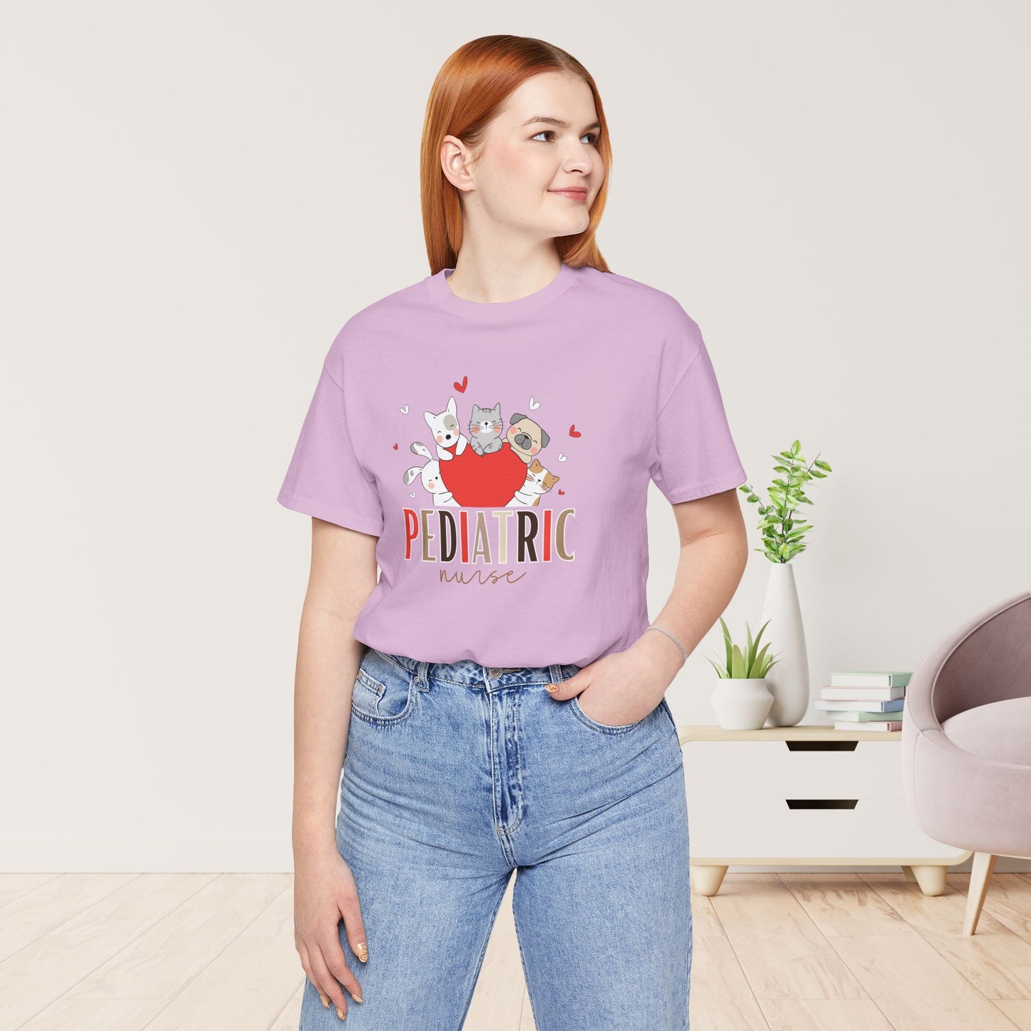 Pediatric Nurse Soft Cotton Tee with Cute Dogs and Cats for PEDS Nurse