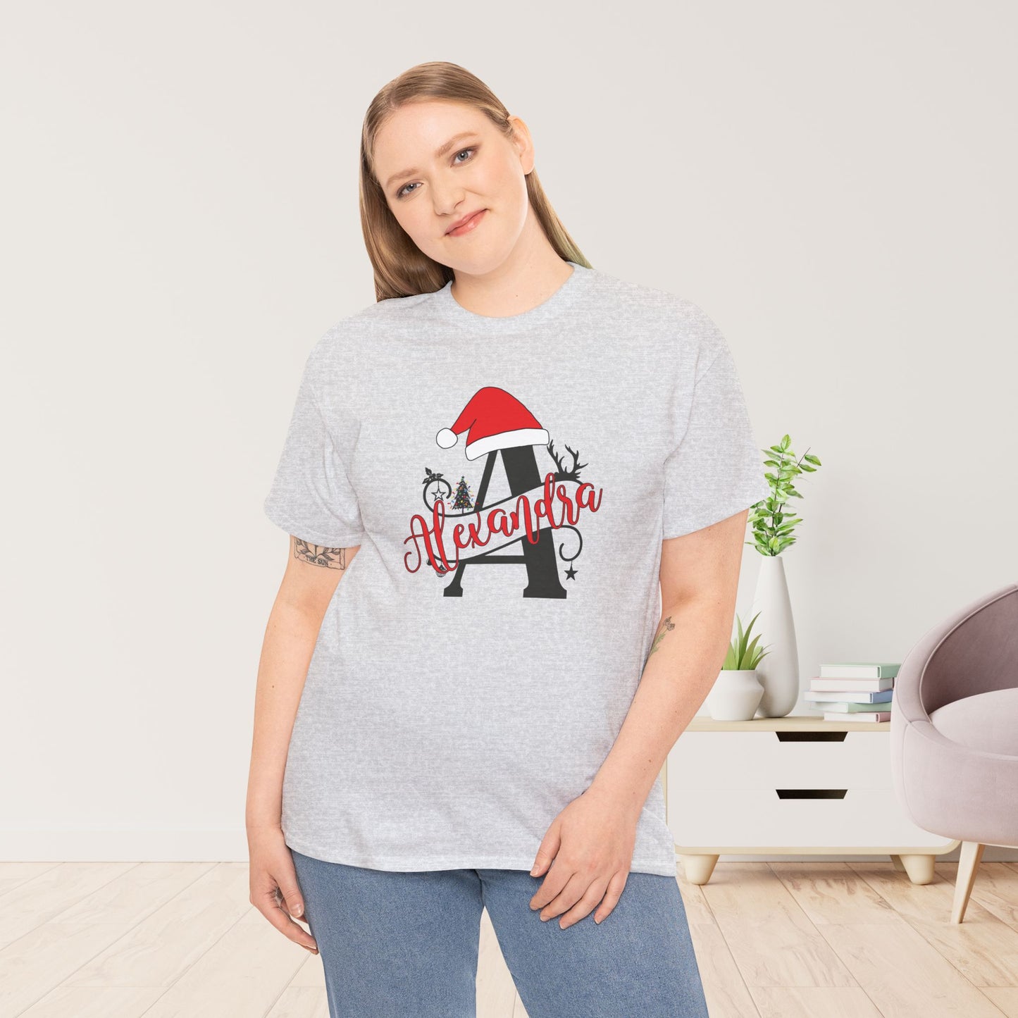 Personalized Christmas Monogram Heavy Cotton Tee with First Name - Custom Christmas Gifts