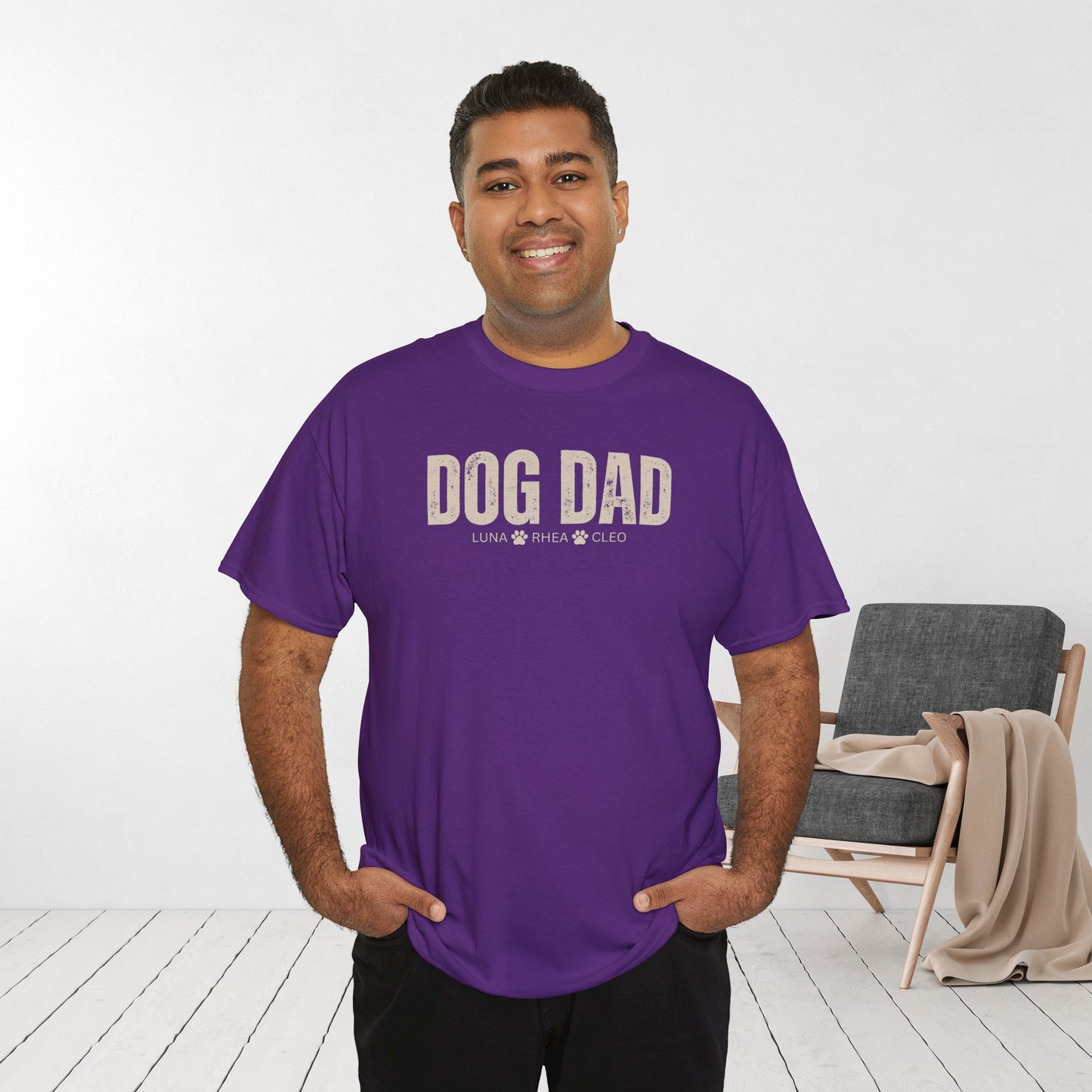 Custom Dog Dad Heavy Cotton Tee with Dogs Name - Personalized Dog Lover Gift