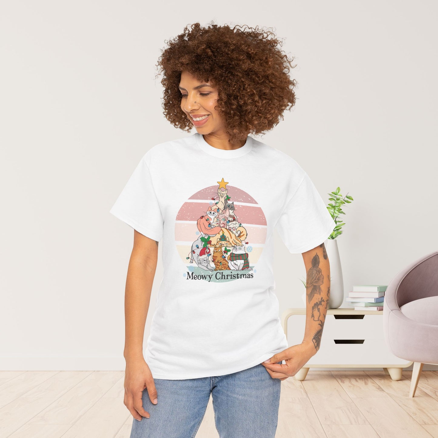 Meowy Christmas Funny Cat Christmas Heavy Cotton Tee - Cat Lovers Christmas Gift