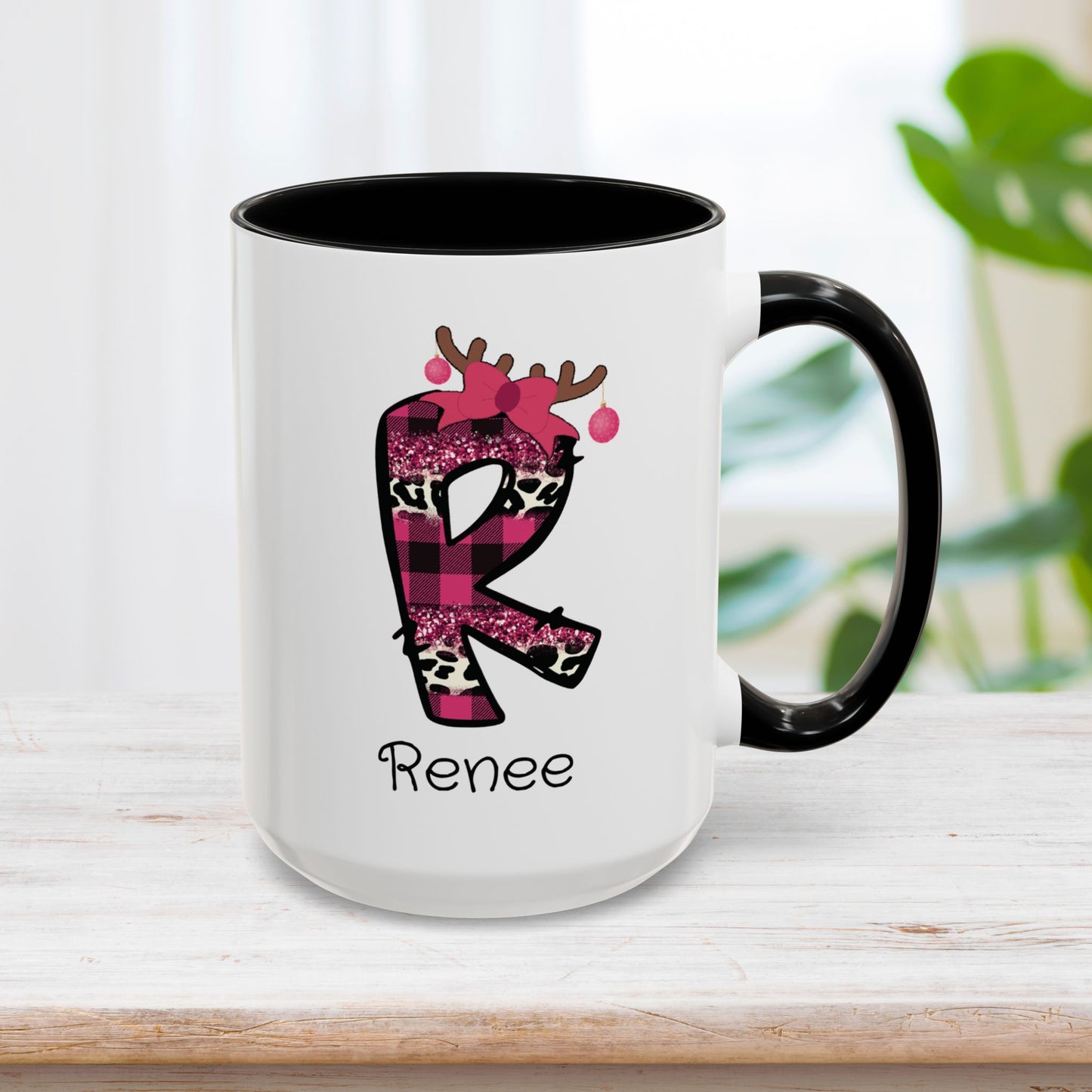 Custom Name Pink Christmas Plaid Initial Letter Mug - Personalized Christmas Gifts A-Z
