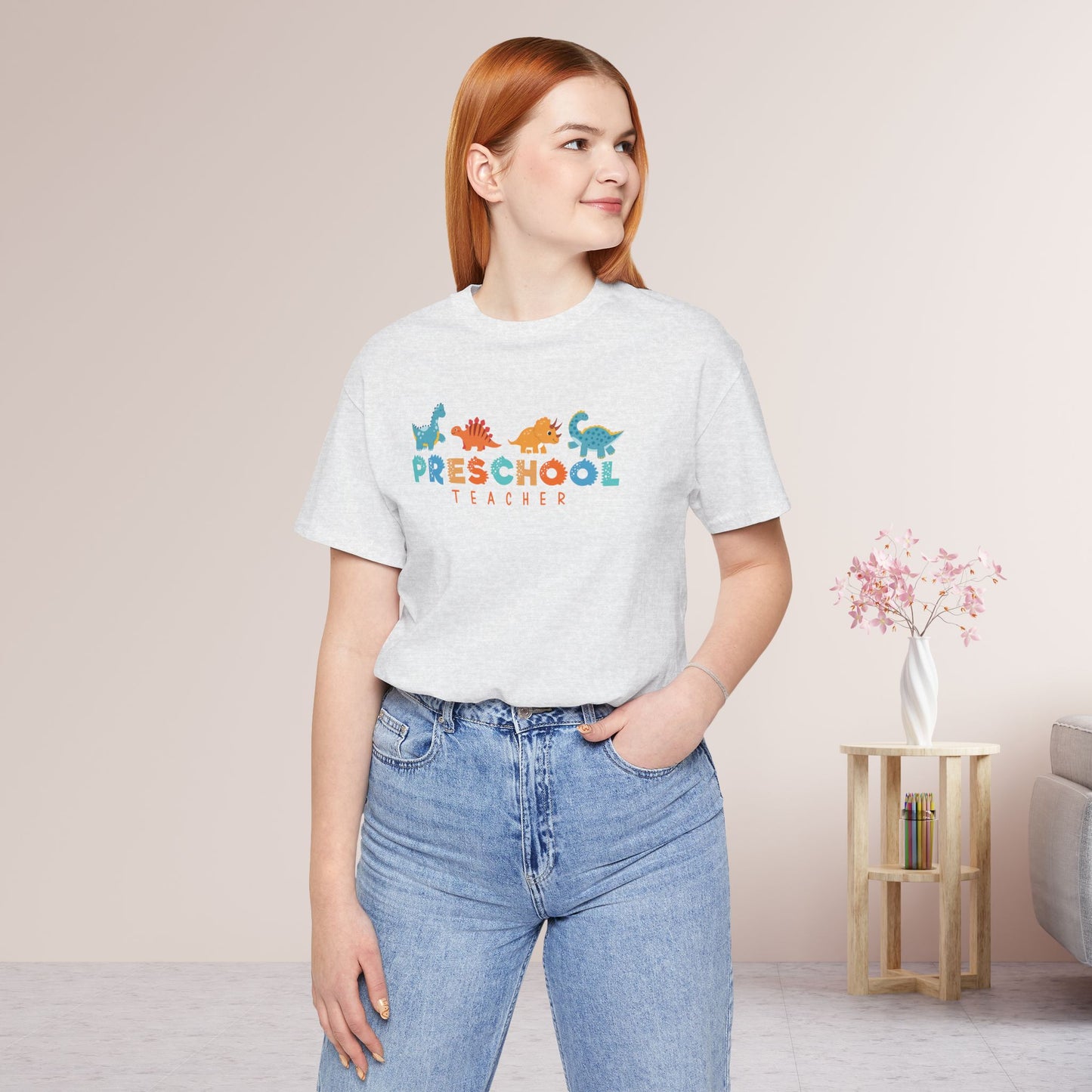 Preschool Teacher Soft Cotton Tee with Cute Dinosaurs