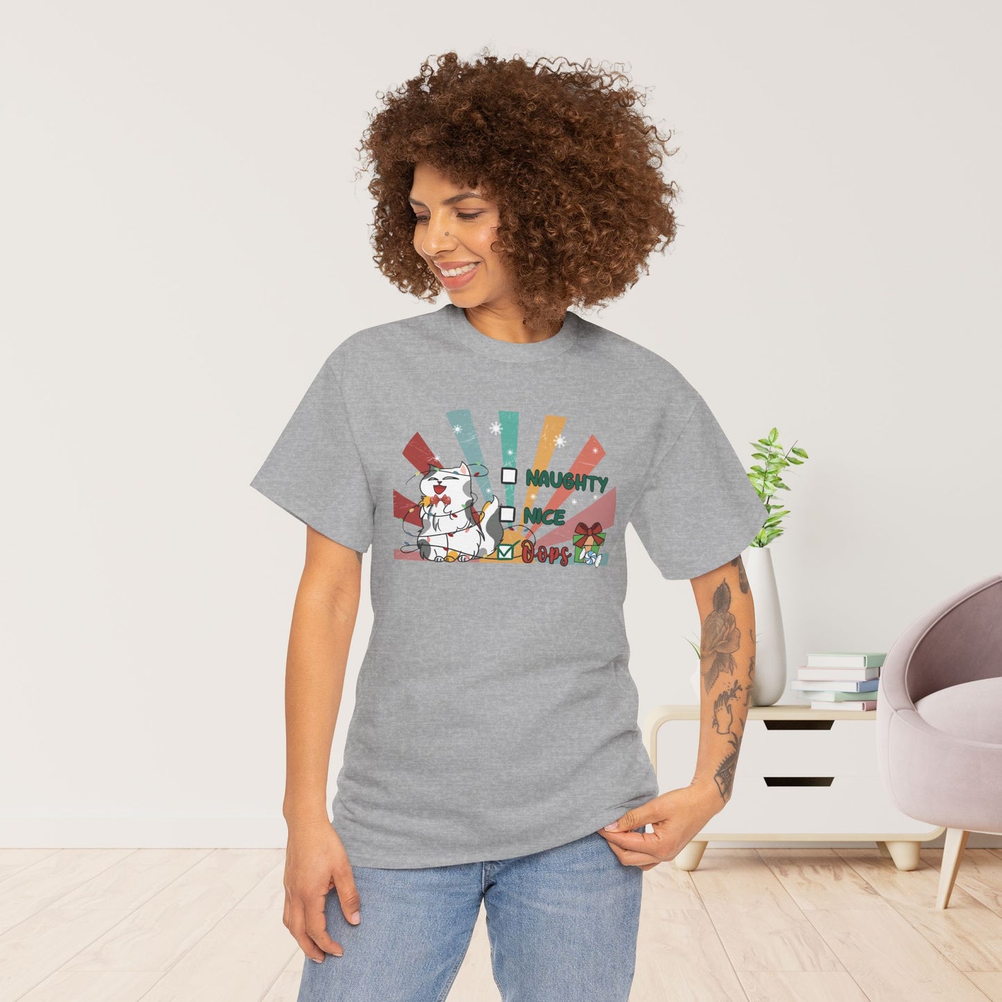 Naughty Nice Oops Funny Cat Christmas Heavy Cotton Tee - Cat Lovers Christmas Gift
