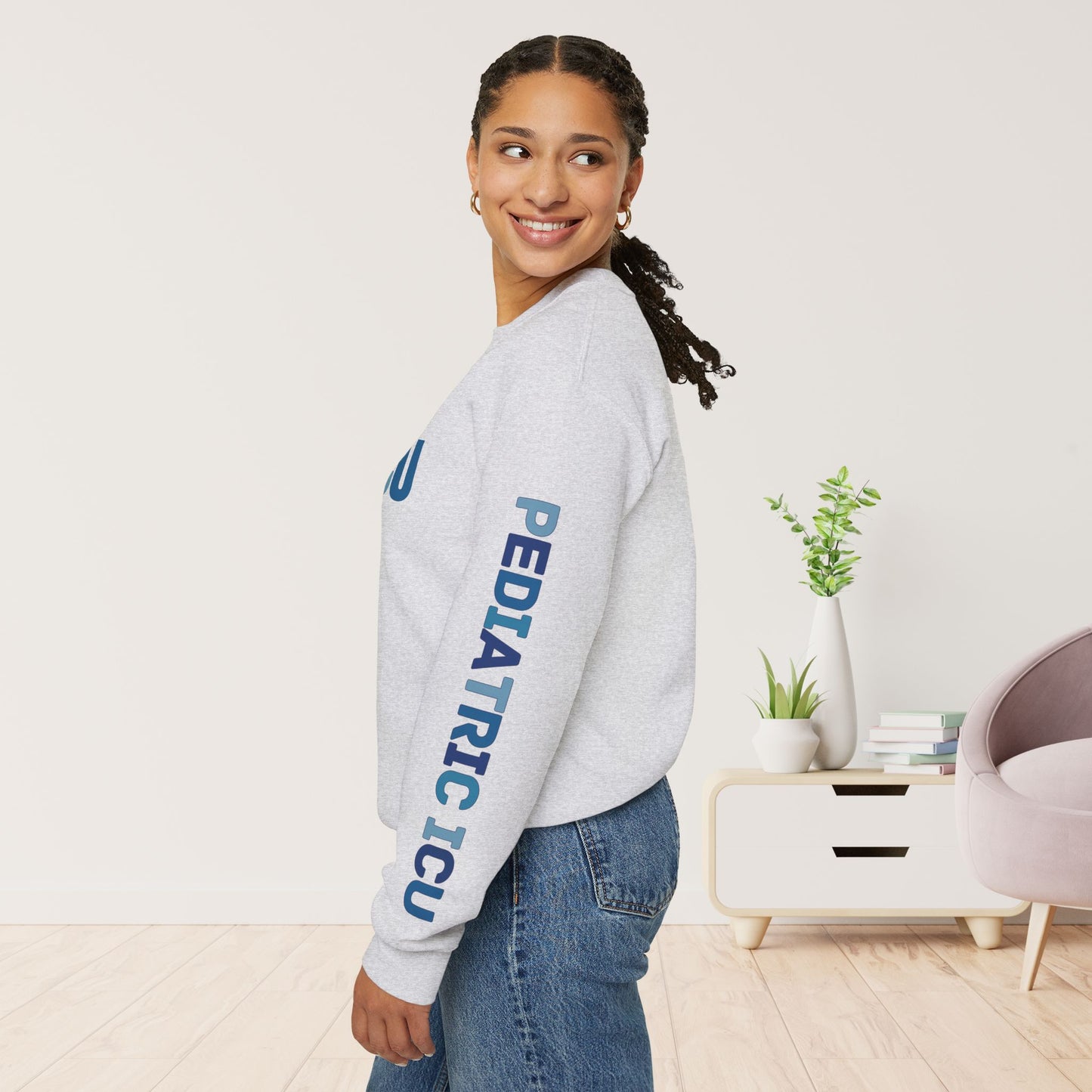 Trendy Blue PICU Sweatshirt with Sleeve Print - Pediatric ICU Crewneck