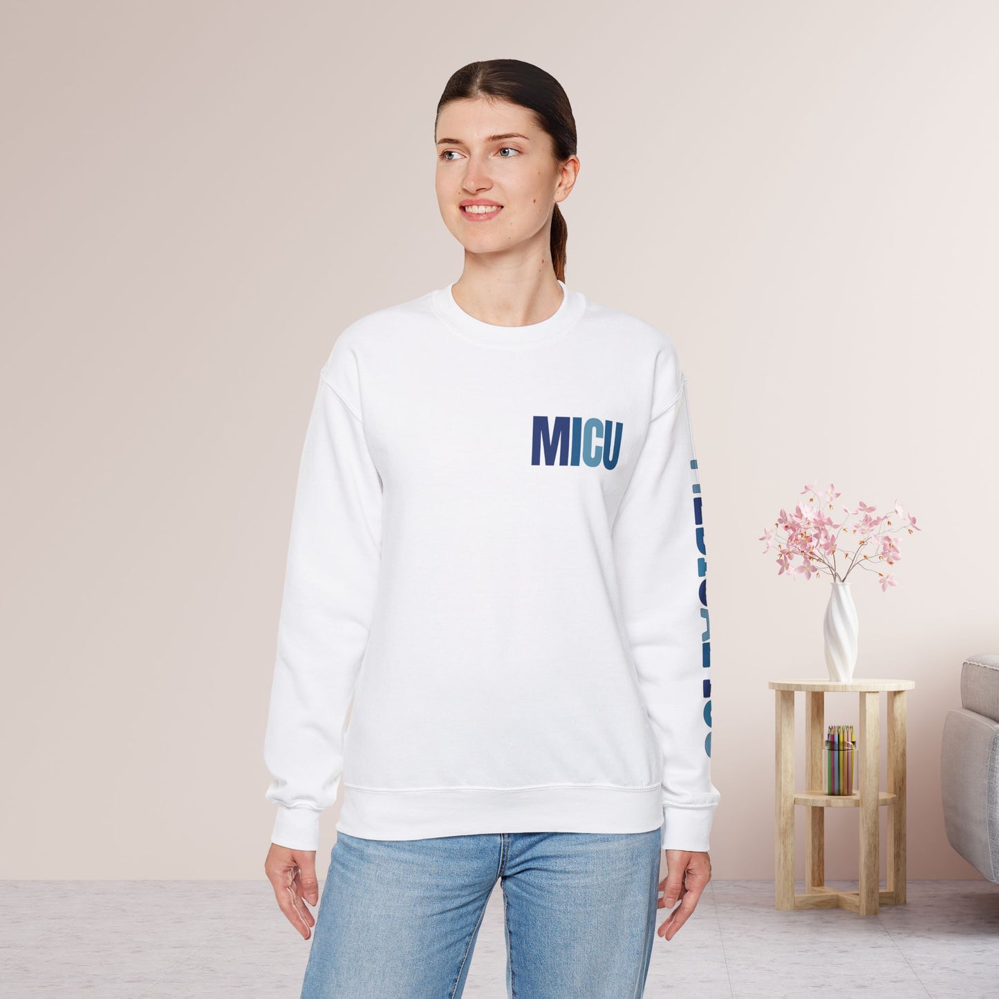 Trendy Blue MICU Sweatshirt with Sleeve Print - Medical ICU Crewneck