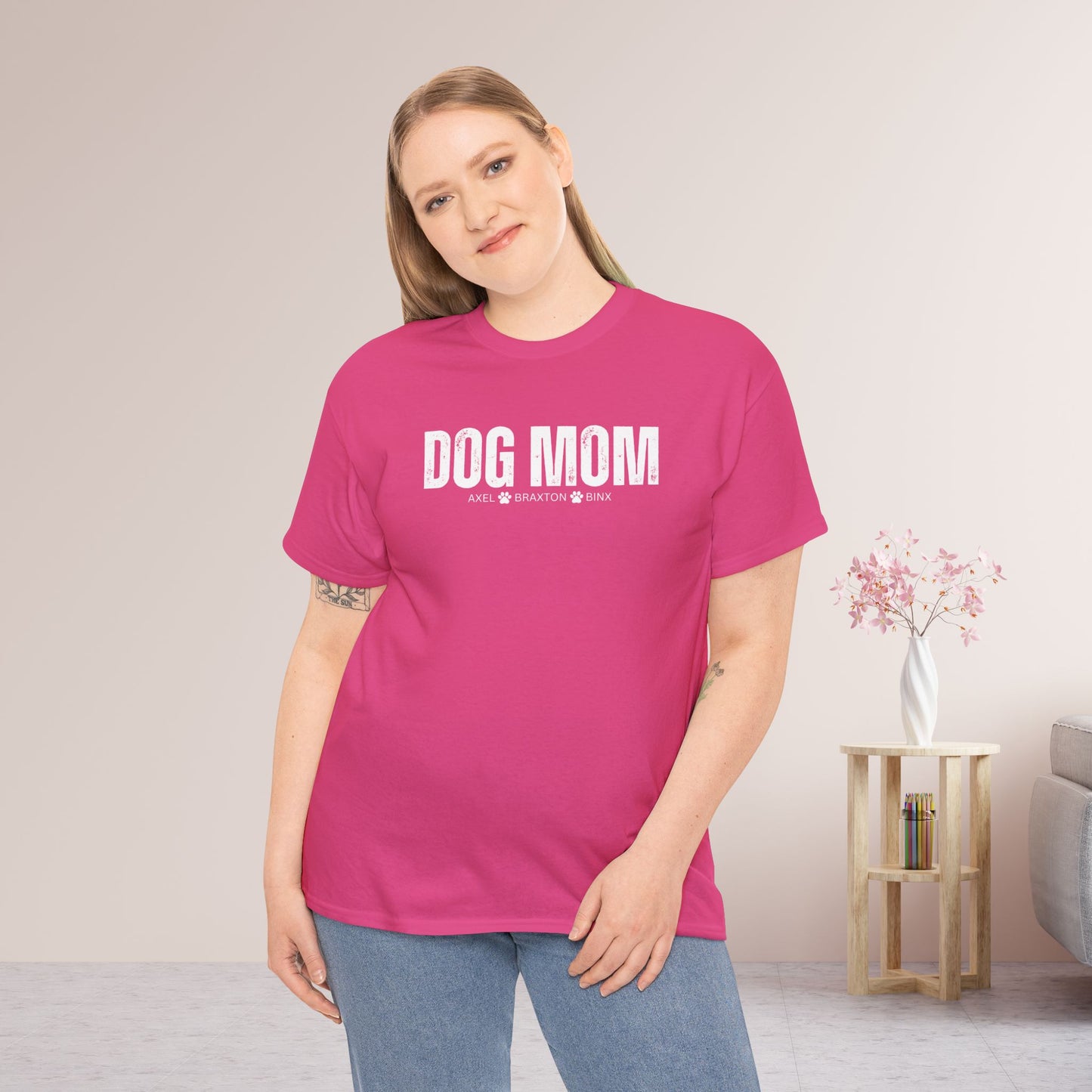 Custom Dog Mom Heavy Cotton Tee with Dogs Name - Personalized Dog Lover Gift
