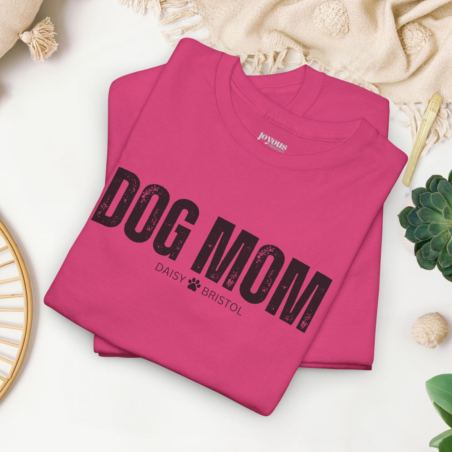 Custom Dog Mom Heavy Cotton Tee with Dogs Name - Personalized Dog Lover Gift