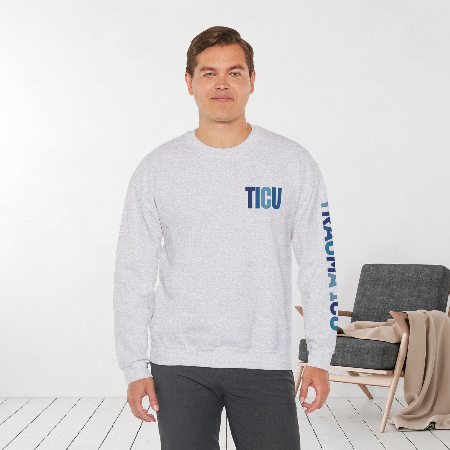 Trendy Blue TICU Sweatshirt with Sleeve Print - Trauma ICU Crewneck