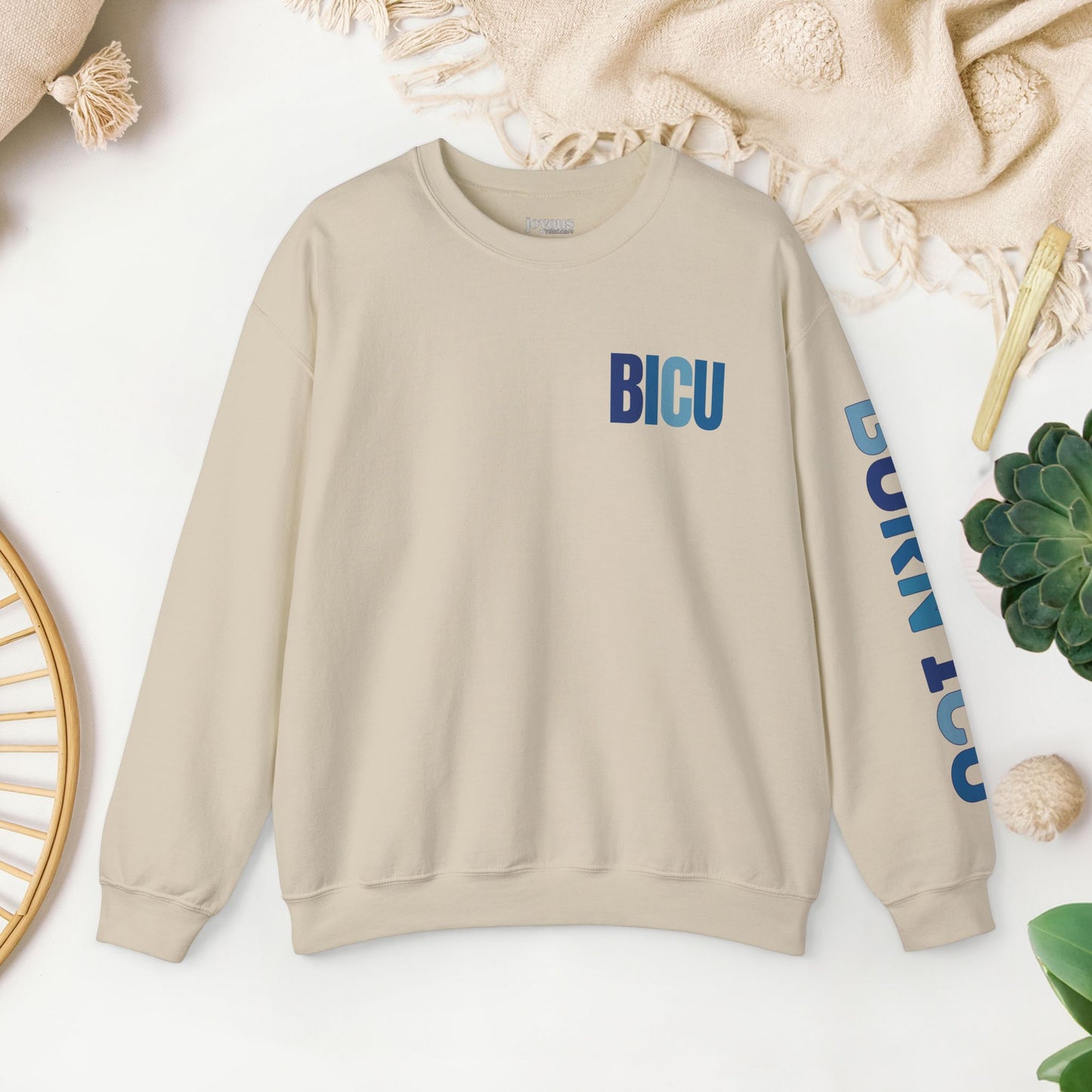 Trendy Blue BICU Sweatshirt with Sleeve Print - Burn ICU Crewneck