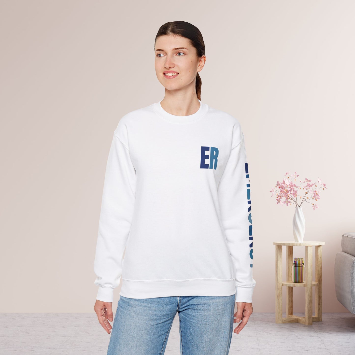 Trendy Blue ER Sweatshirt with Sleeve Print - Emergency Room Crewneck