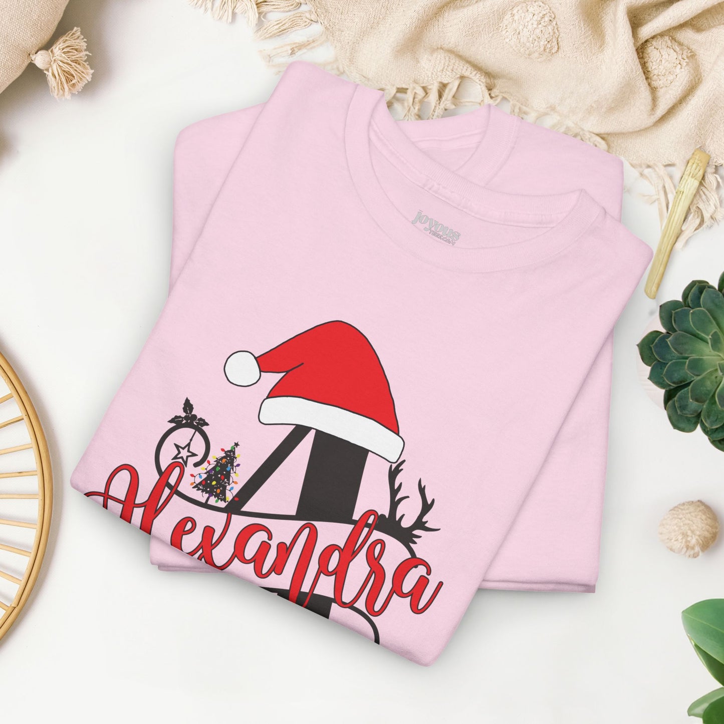 Personalized Christmas Monogram Heavy Cotton Tee with First Name - Custom Christmas Gifts