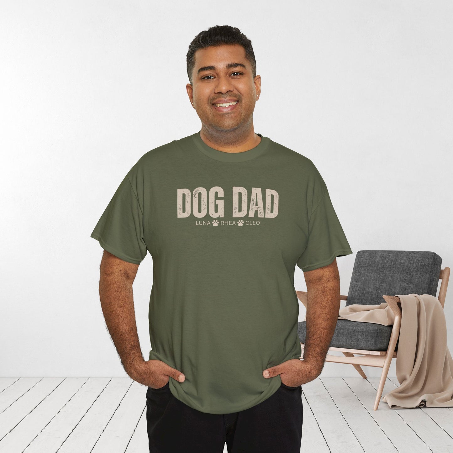 Custom Dog Dad Heavy Cotton Tee with Dogs Name - Personalized Dog Lover Gift