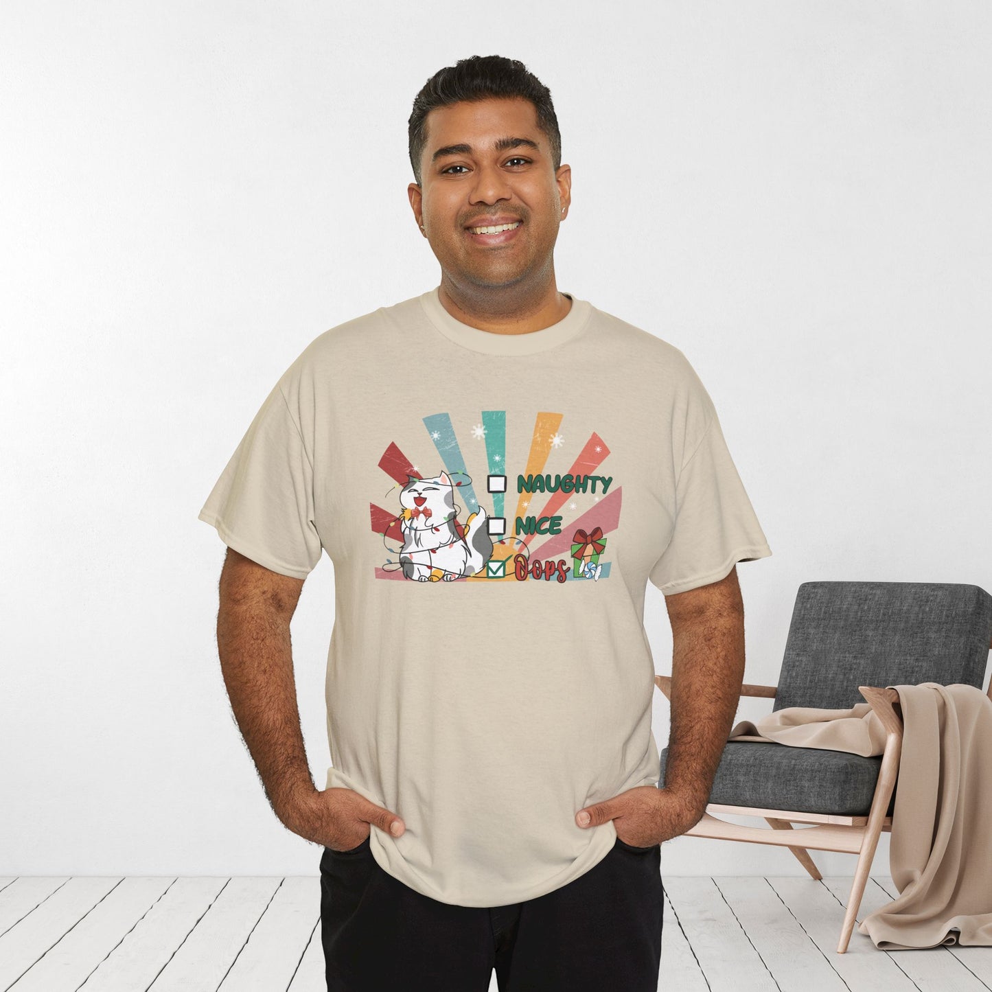 Naughty Nice Oops Funny Cat Christmas Heavy Cotton Tee - Cat Lovers Christmas Gift