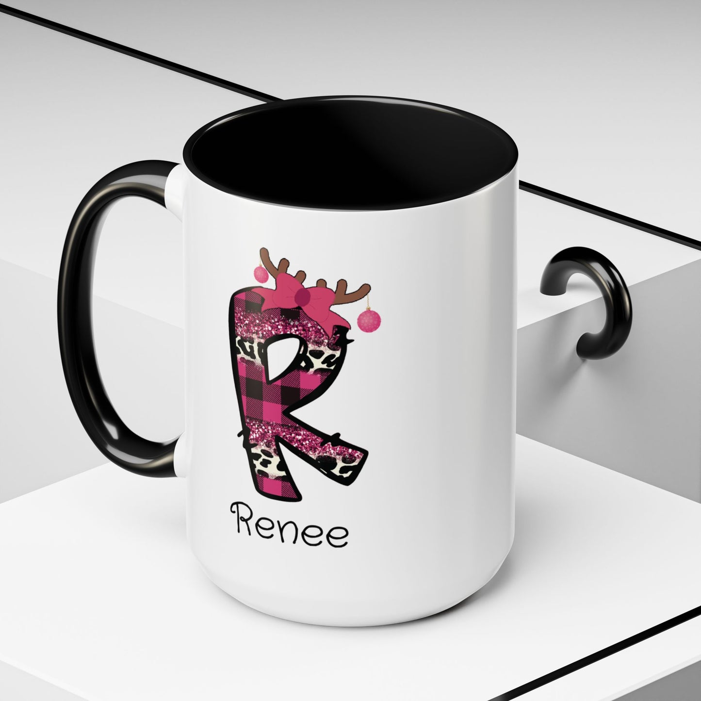 Custom Name Pink Christmas Plaid Initial Letter Mug - Personalized Christmas Gifts A-Z