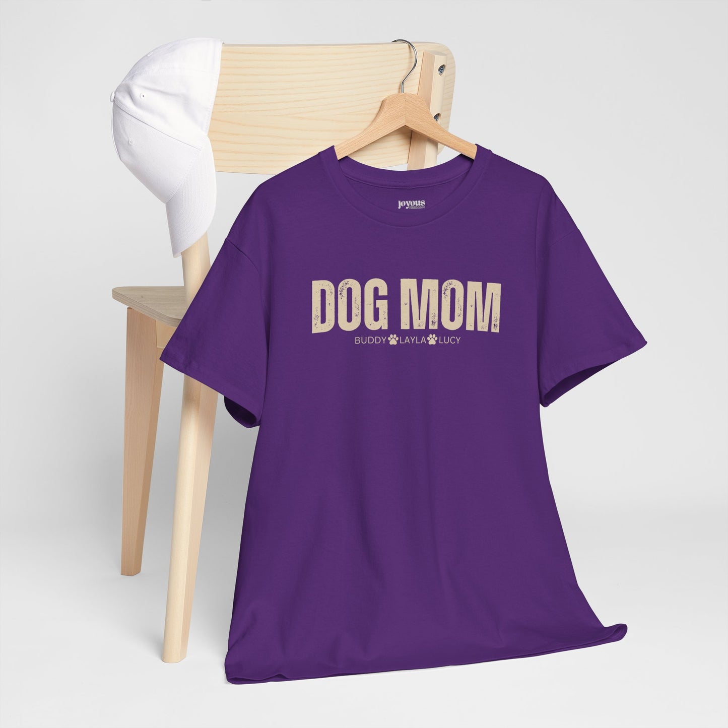 Custom Dog Mom Heavy Cotton Tee with Dogs Name - Personalized Dog Lover Gift