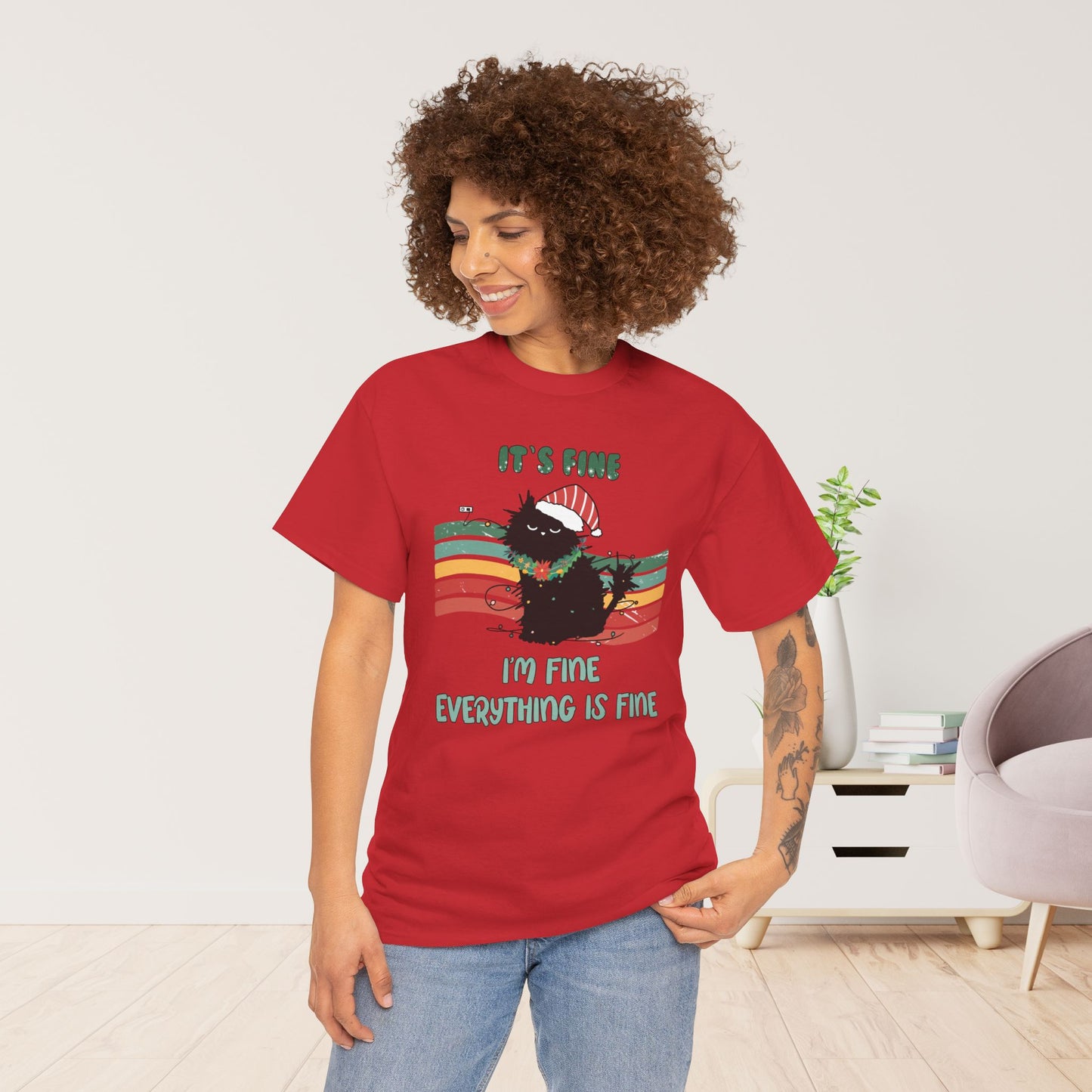 It's Fine Funny Cat Christmas Heavy Cotton Tee - Cat Lovers Christmas Gift