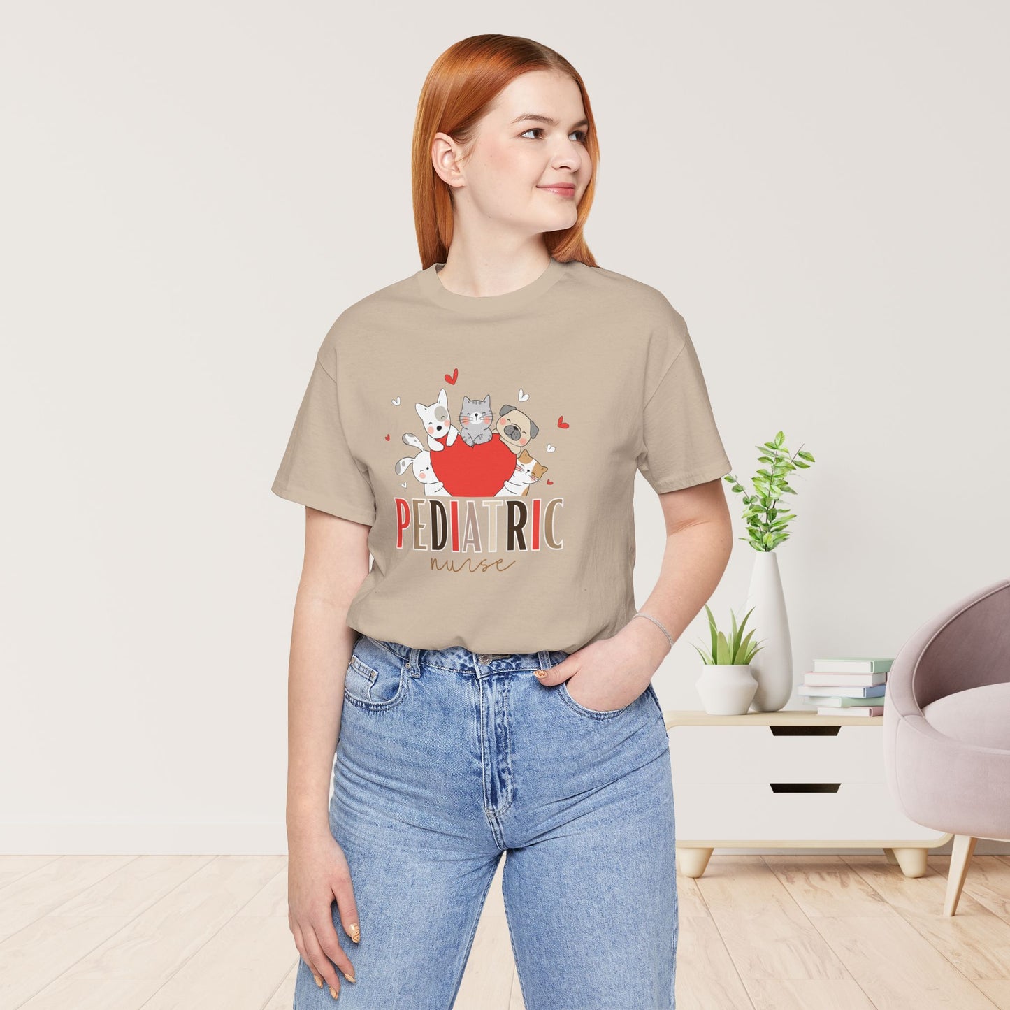 Pediatric Nurse Soft Cotton Tee with Cute Dogs and Cats for PEDS Nurse
