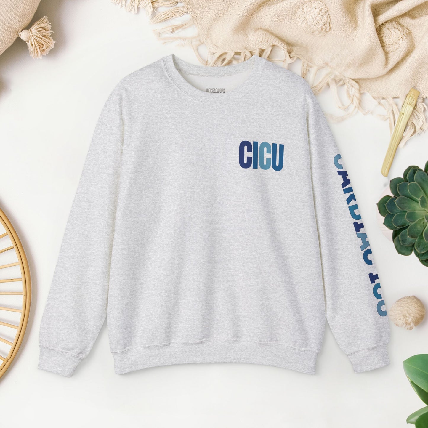 Trendy Blue CICU Sweatshirt with Sleeve Print - Cardiac ICU Crewneck