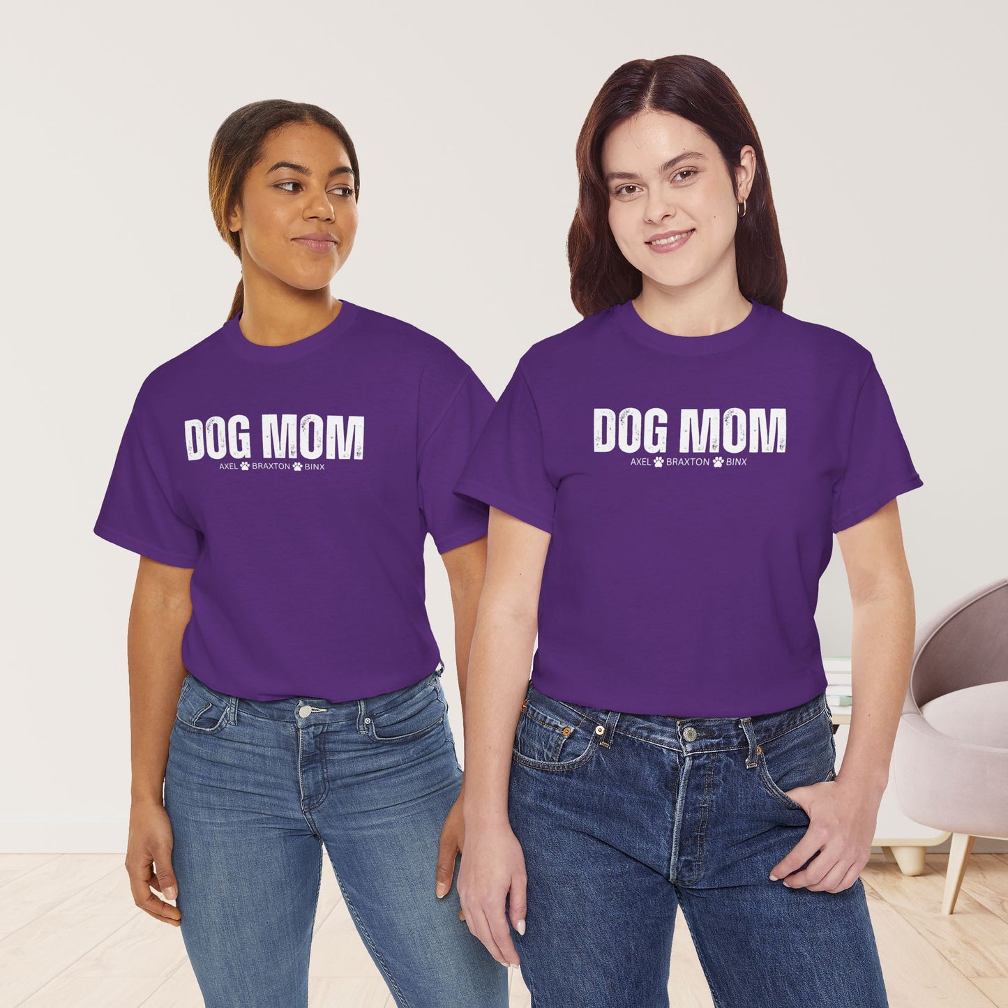 Custom Dog Mom Heavy Cotton Tee with Dogs Name - Personalized Dog Lover Gift