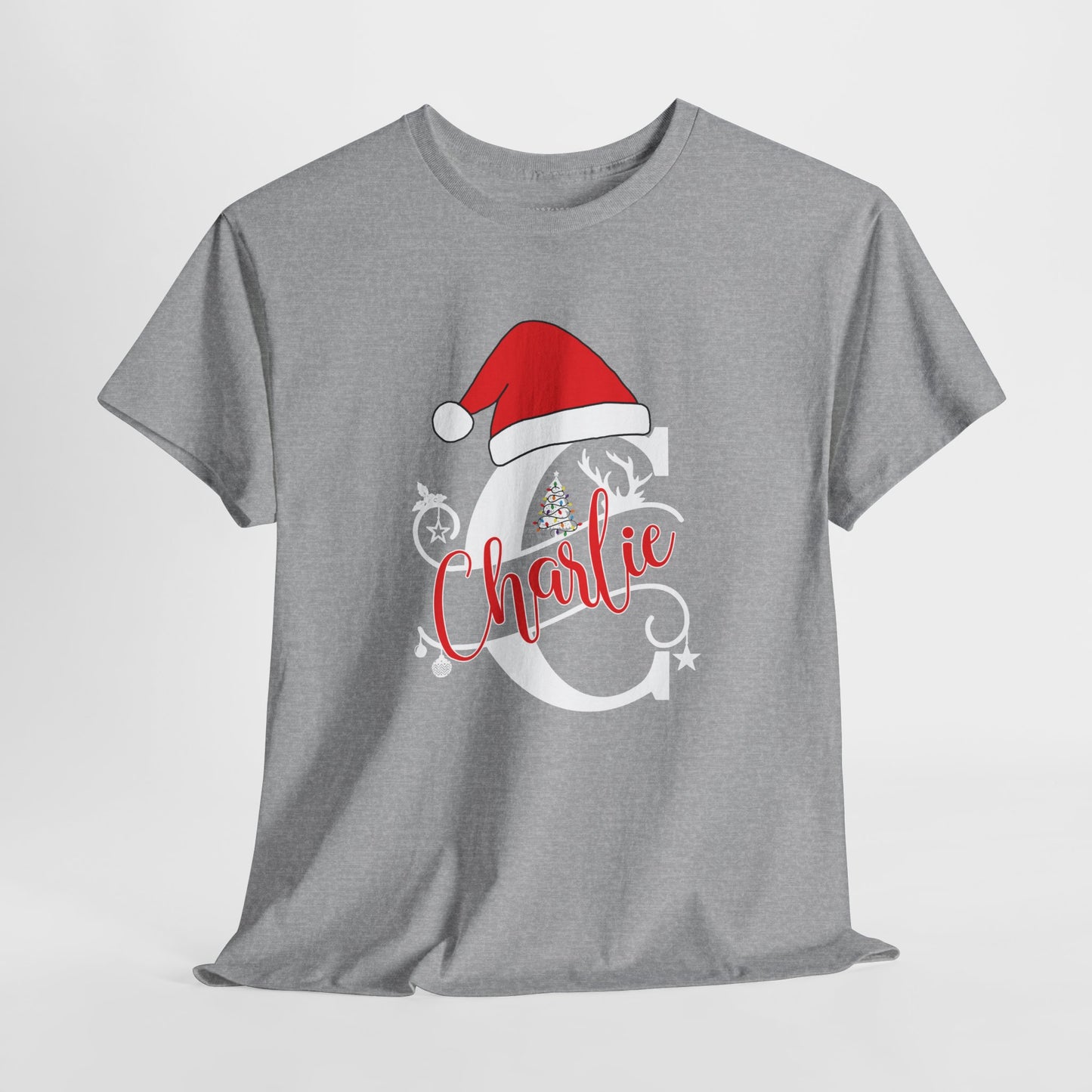 Personalized Christmas Monogram Heavy Cotton Tee with First Name - Custom Christmas Gifts