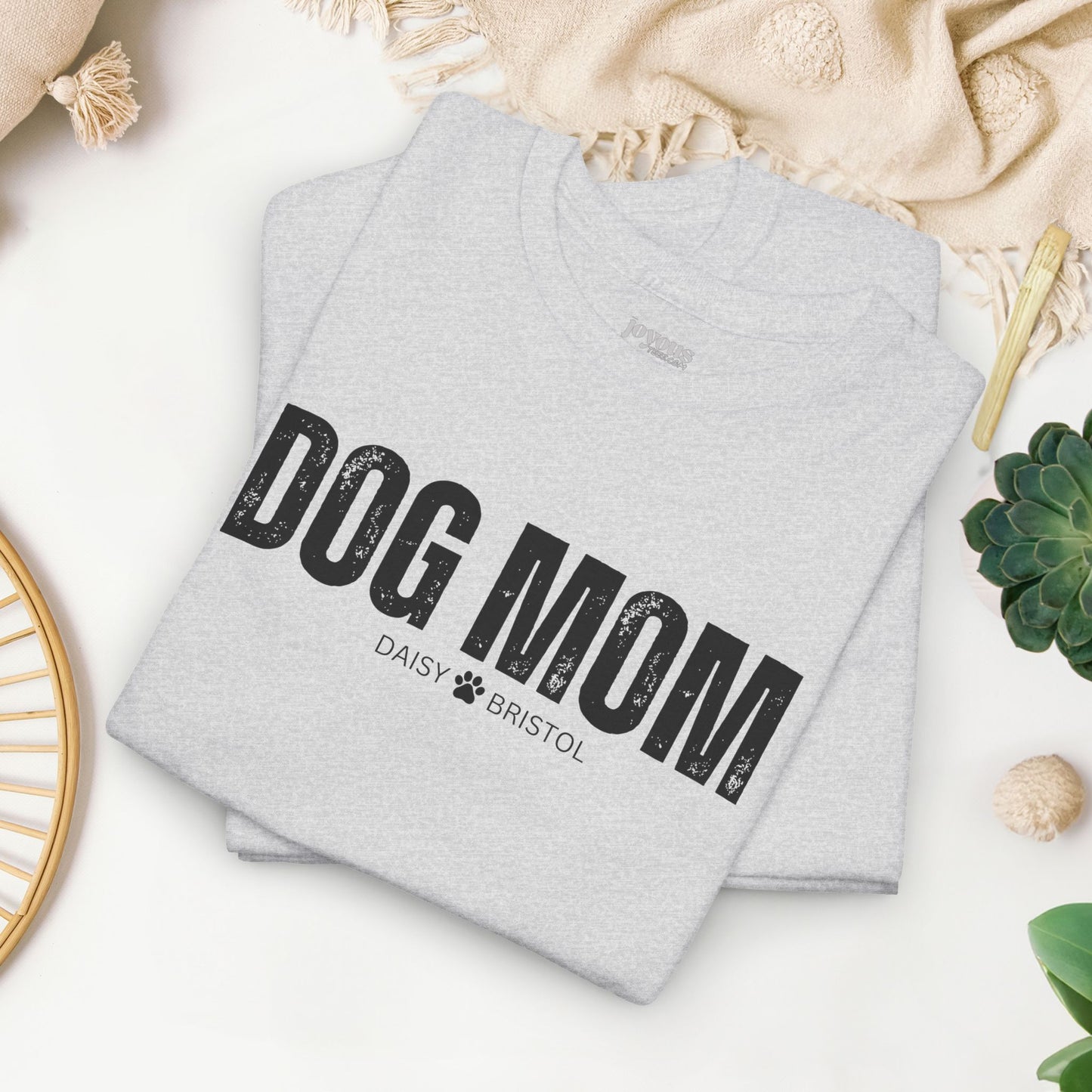 Custom Dog Mom Heavy Cotton Tee with Dogs Name - Personalized Dog Lover Gift