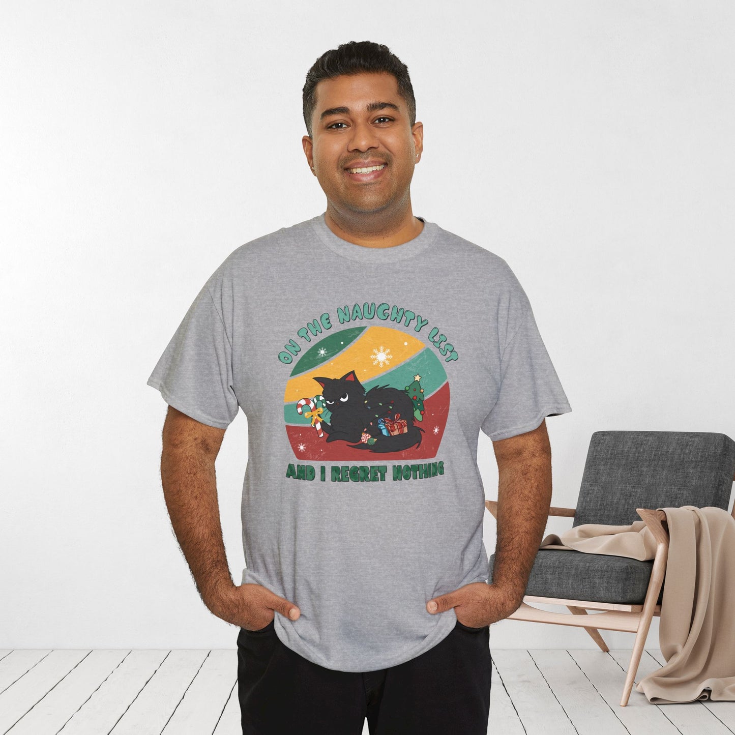 On The Naughty List Funny Cat Christmas Heavy Cotton Tee - Cat Lovers Christmas Gift