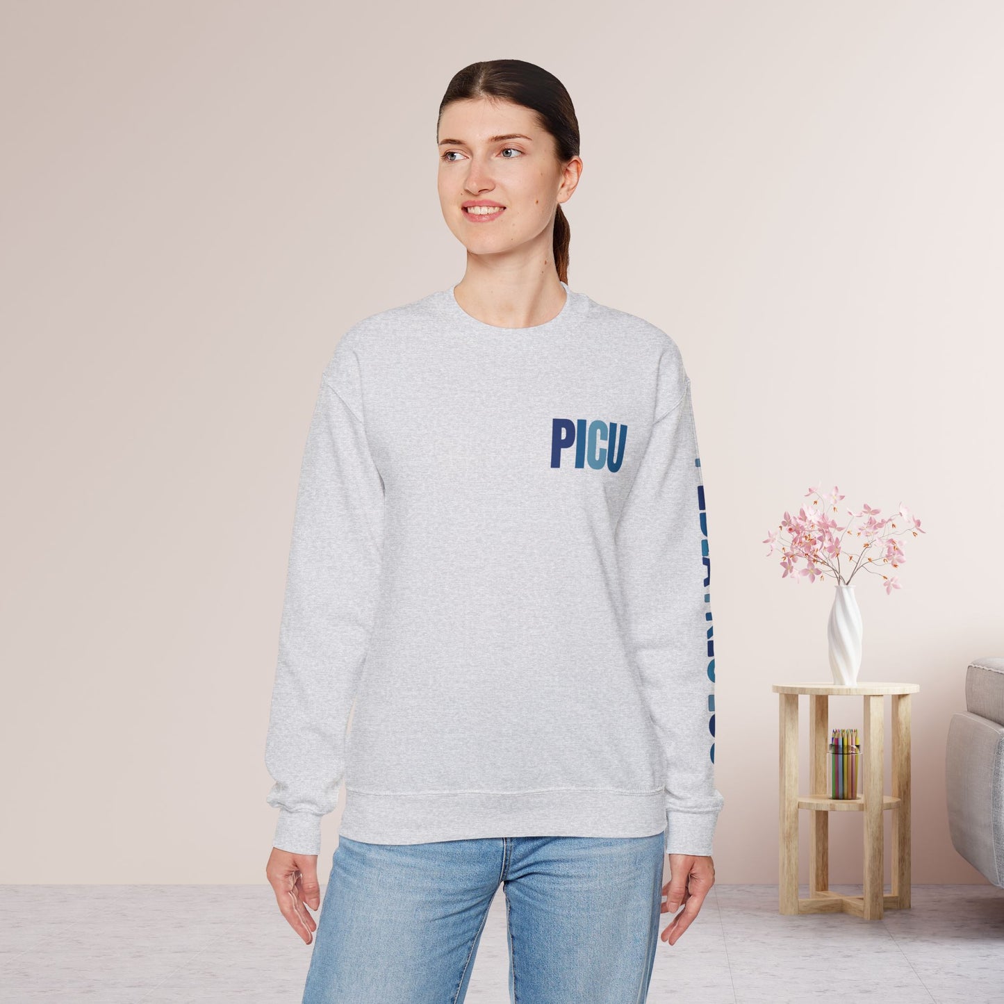 Trendy Blue PICU Sweatshirt with Sleeve Print - Pediatric ICU Crewneck