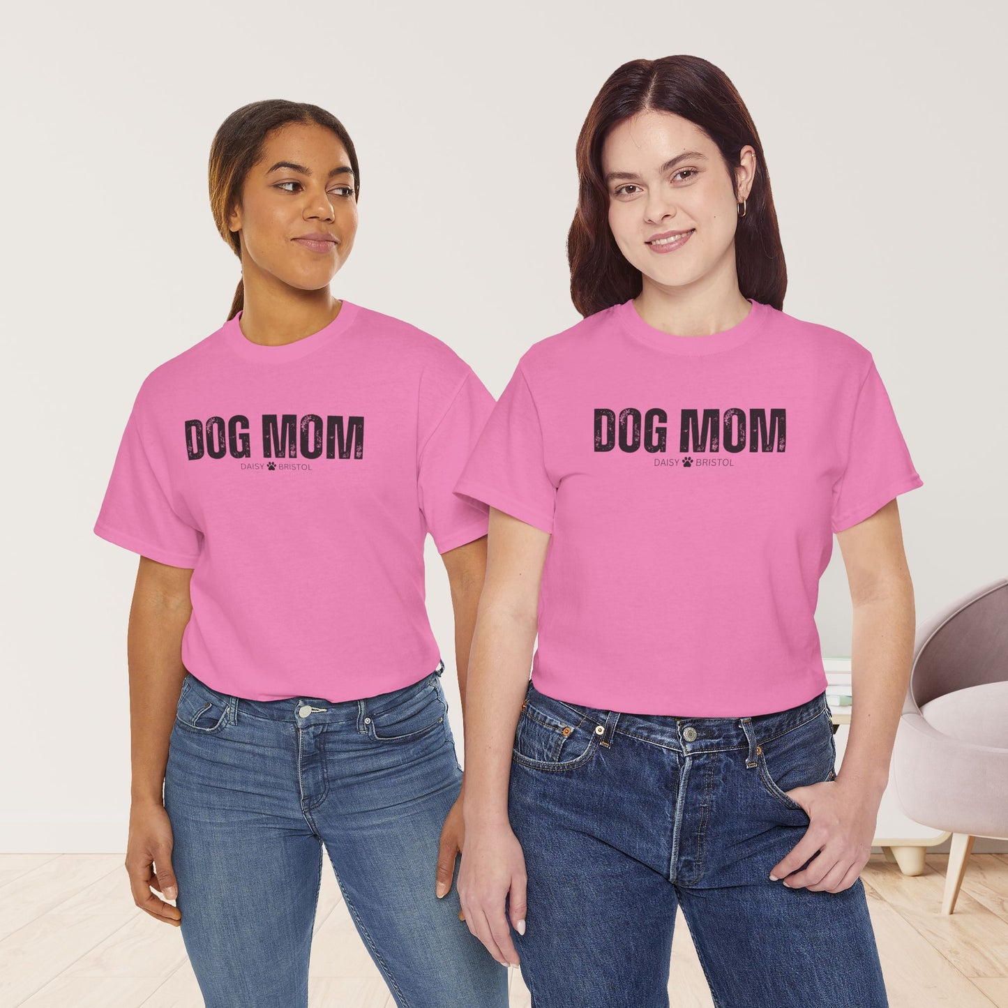 Custom Dog Mom Heavy Cotton Tee with Dogs Name - Personalized Dog Lover Gift