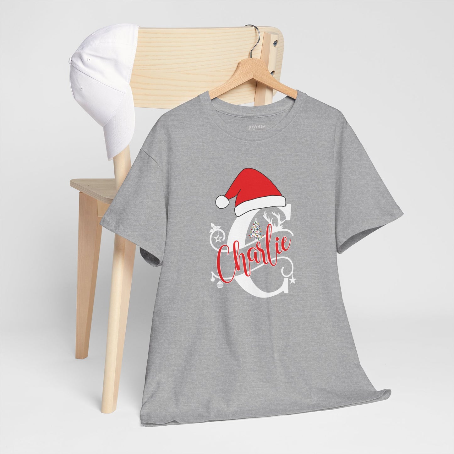 Personalized Christmas Monogram Heavy Cotton Tee with First Name - Custom Christmas Gifts