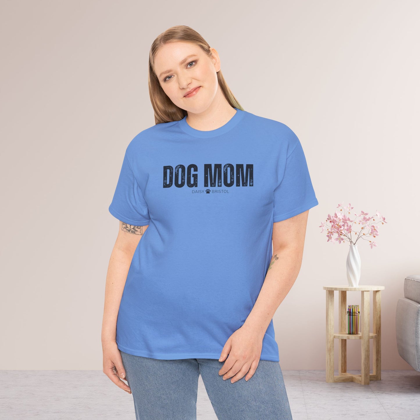 Custom Dog Mom Heavy Cotton Tee with Dogs Name - Personalized Dog Lover Gift