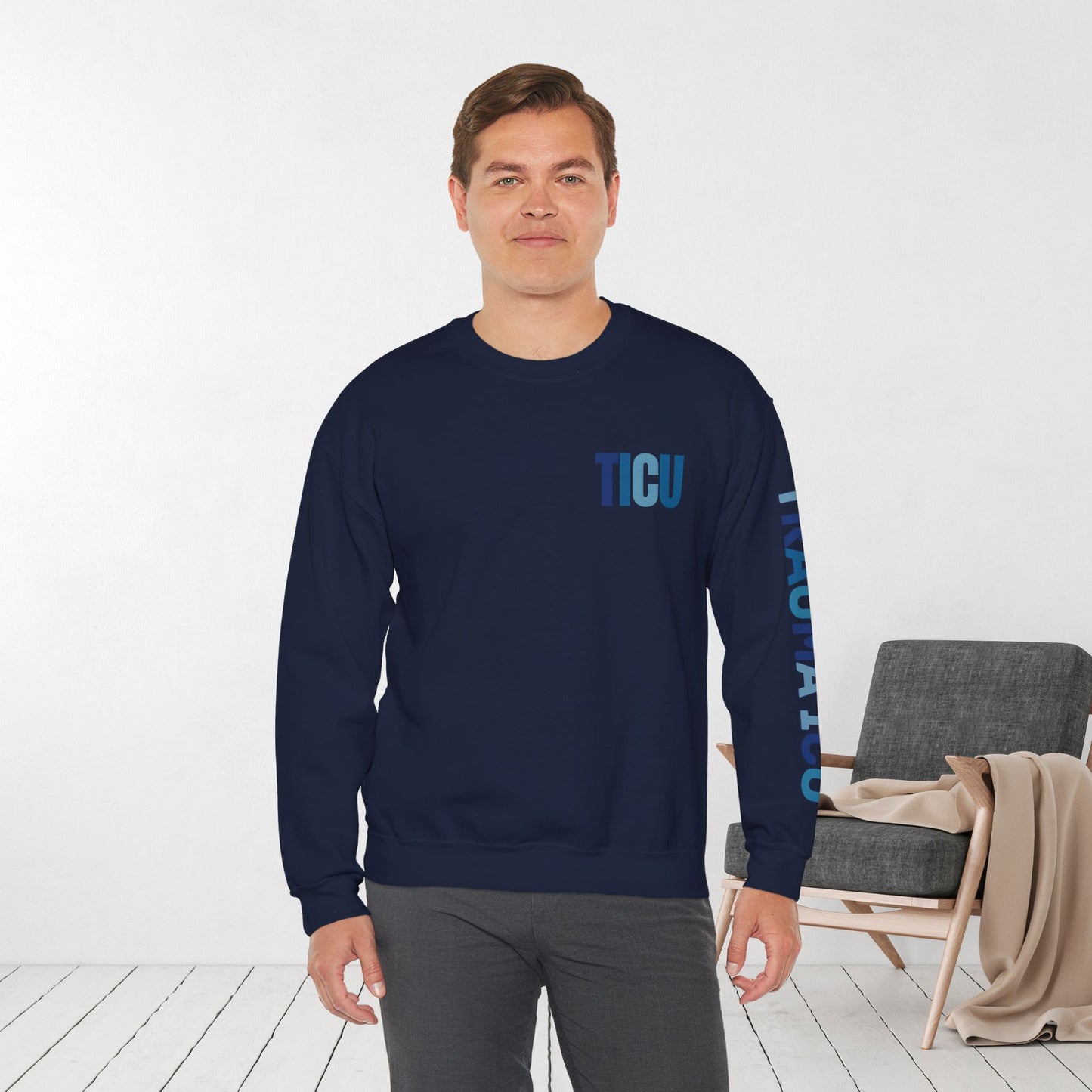 Trendy Blue TICU Sweatshirt with Sleeve Print - Trauma ICU Crewneck