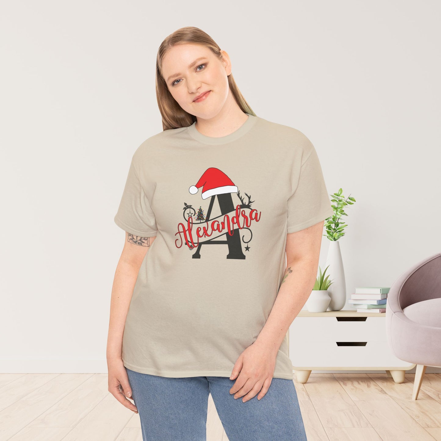 Personalized Christmas Monogram Heavy Cotton Tee with First Name - Custom Christmas Gifts