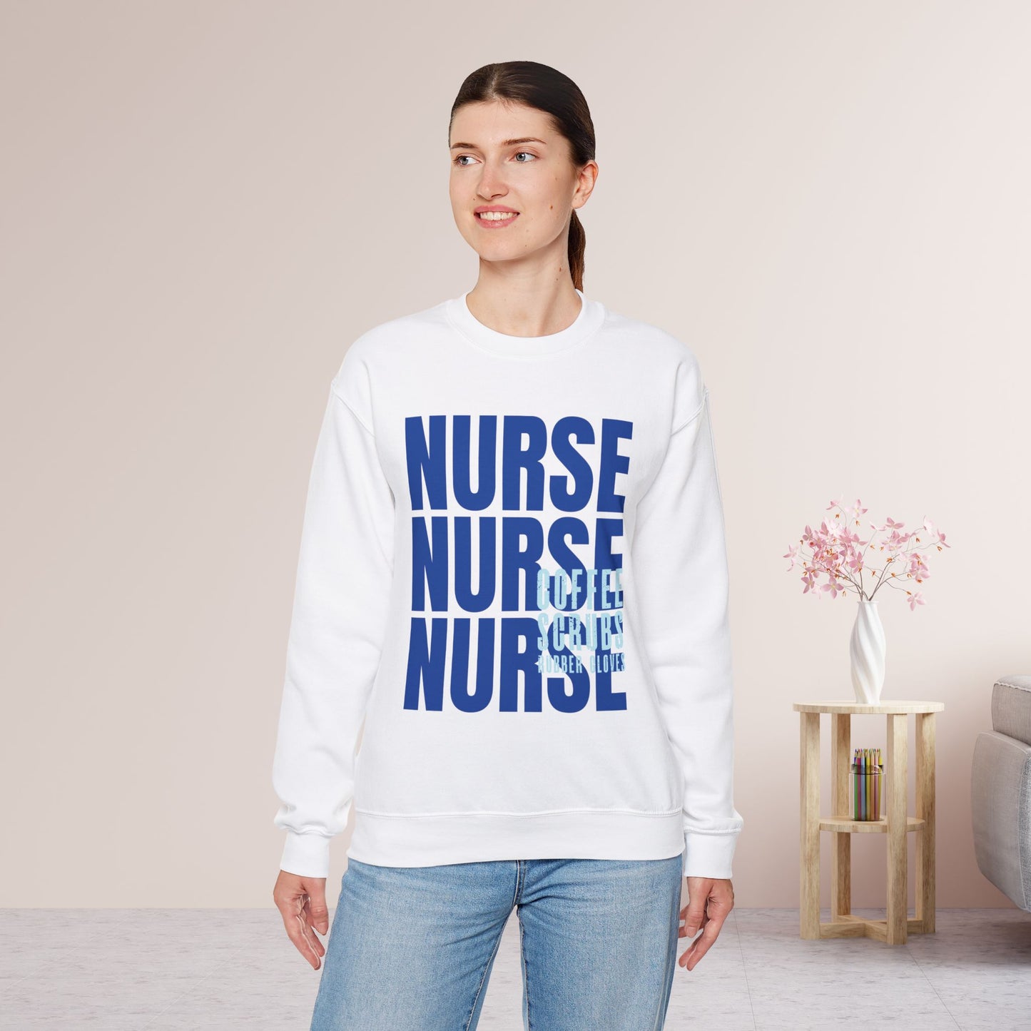 Blue Nurse Sweatshirt - Coffee Scrubs Rubber Gloves Crewneck