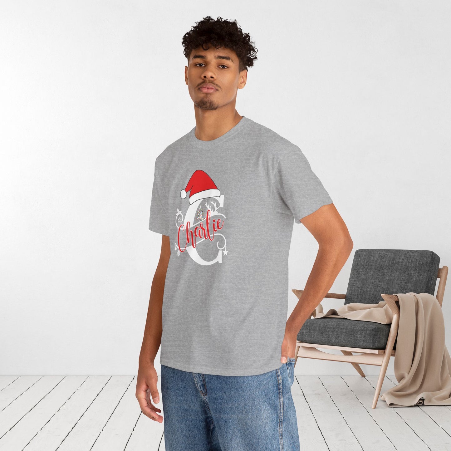 Personalized Christmas Monogram Heavy Cotton Tee with First Name - Custom Christmas Gifts