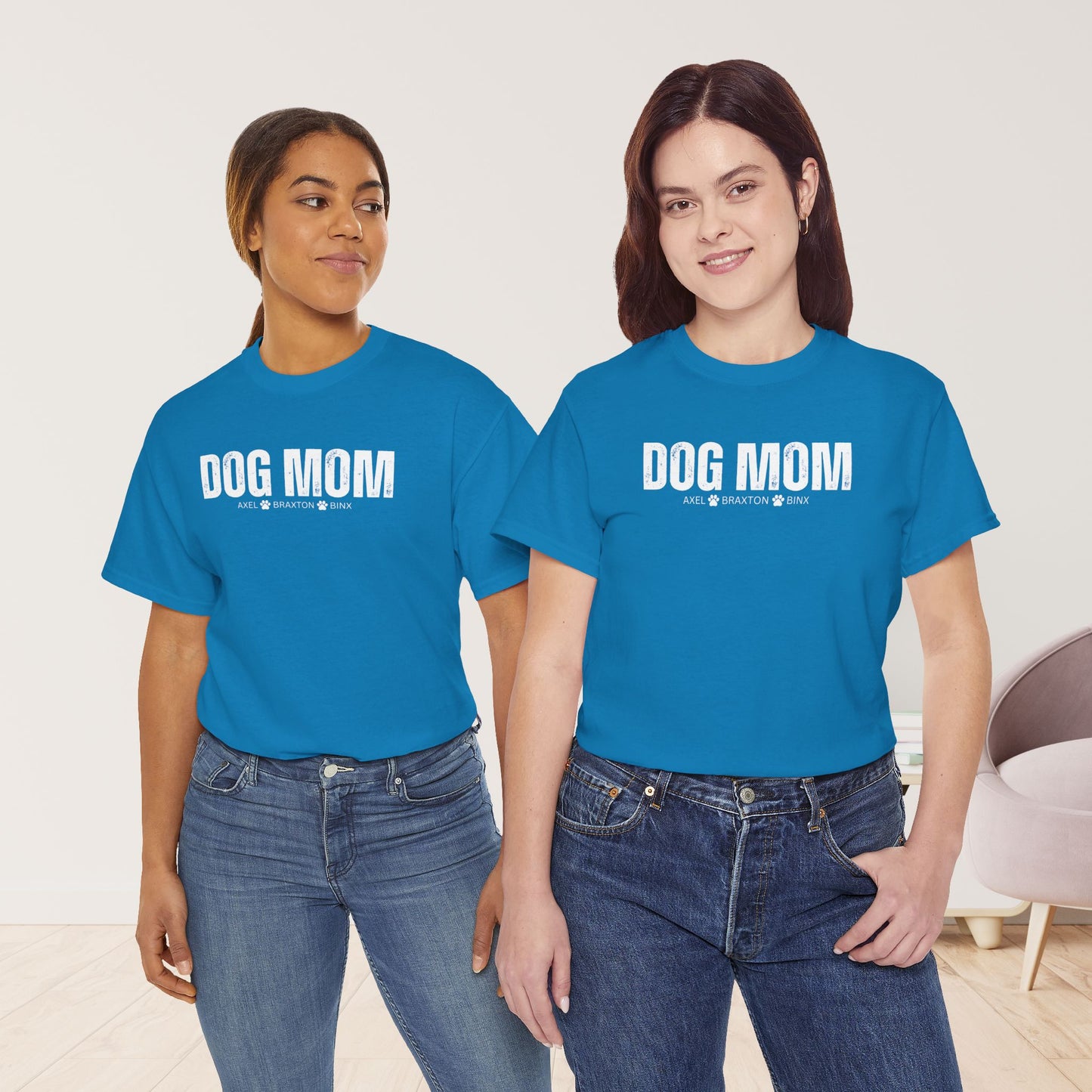 Custom Dog Mom Heavy Cotton Tee with Dogs Name - Personalized Dog Lover Gift
