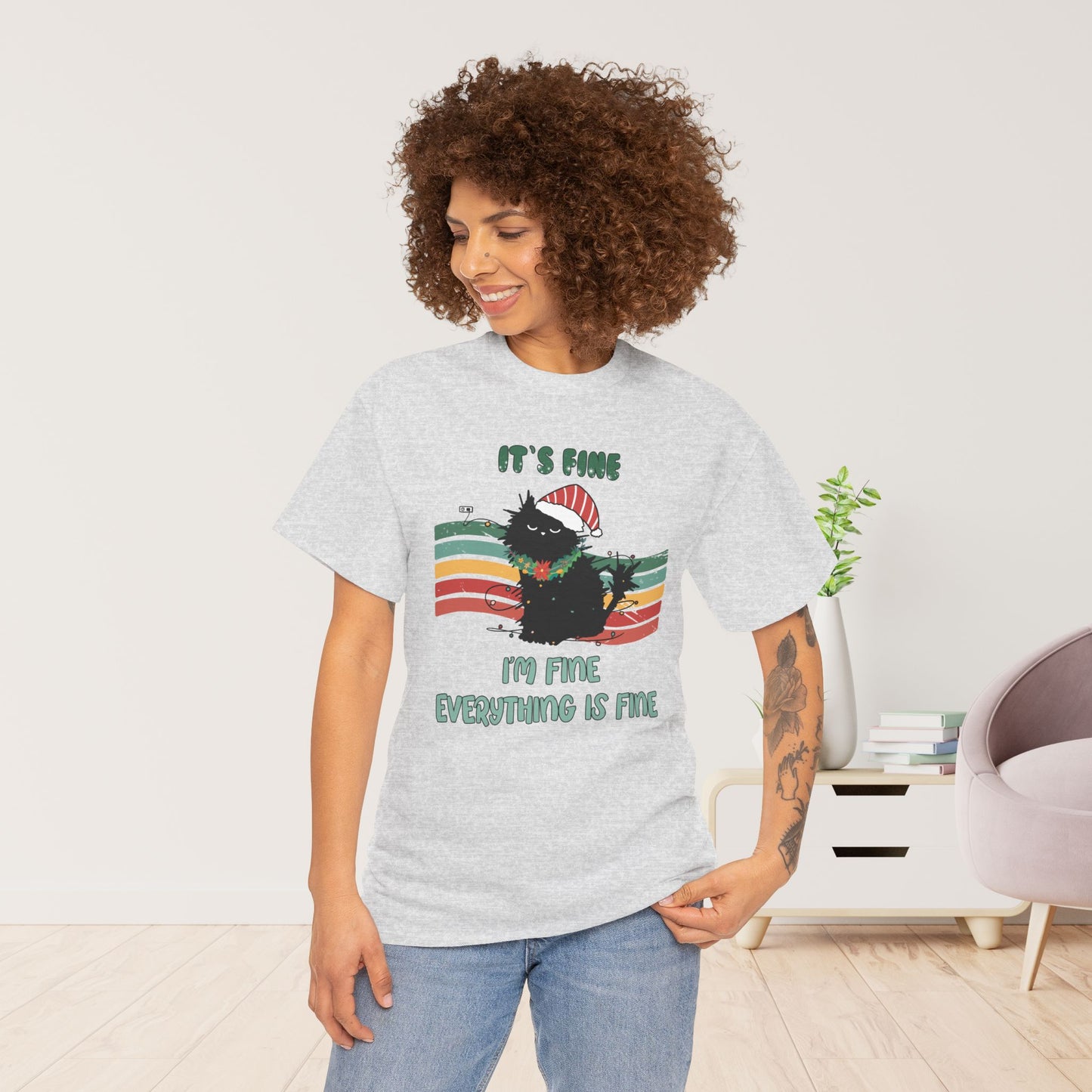 It's Fine Funny Cat Christmas Heavy Cotton Tee - Cat Lovers Christmas Gift