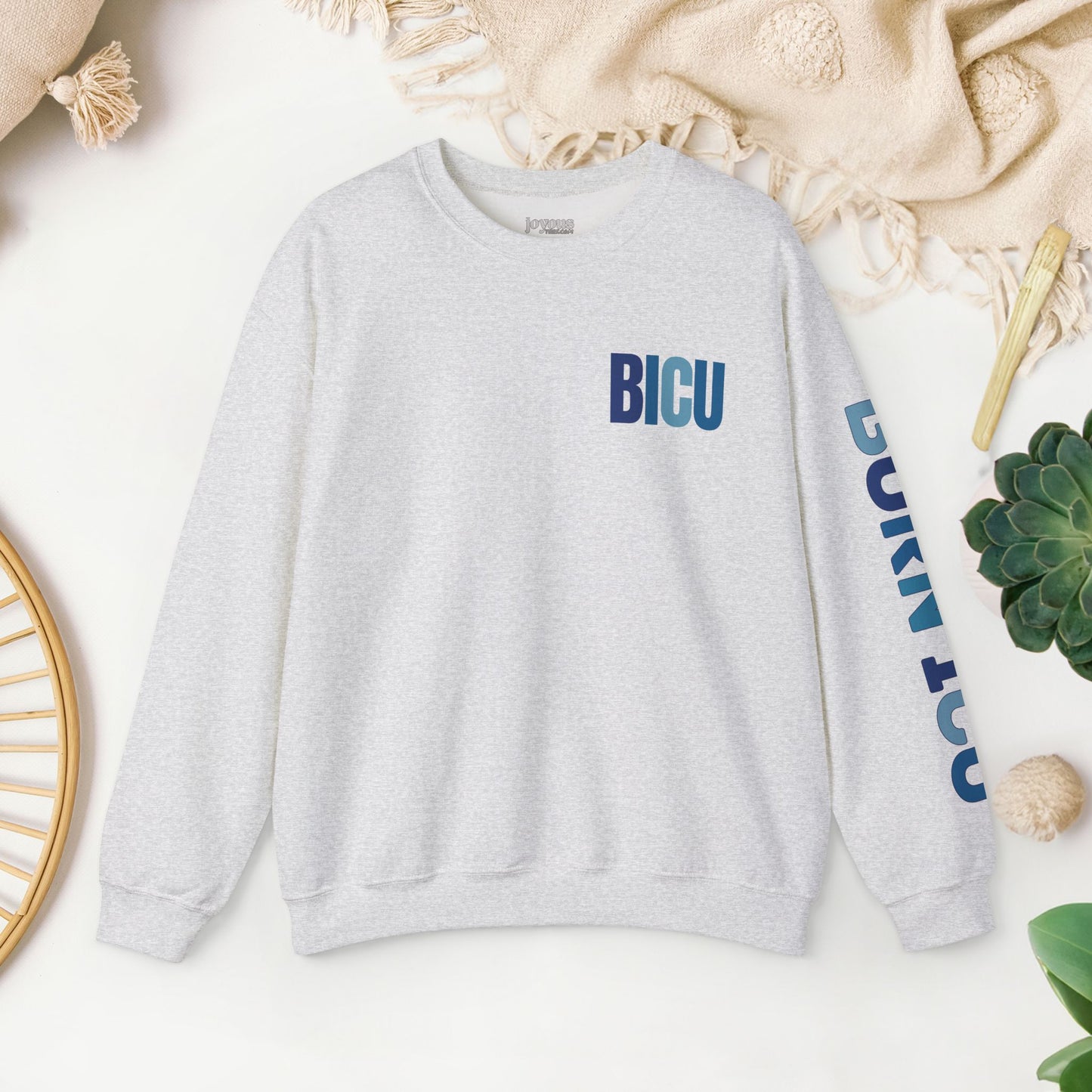 Trendy Blue BICU Sweatshirt with Sleeve Print - Burn ICU Crewneck