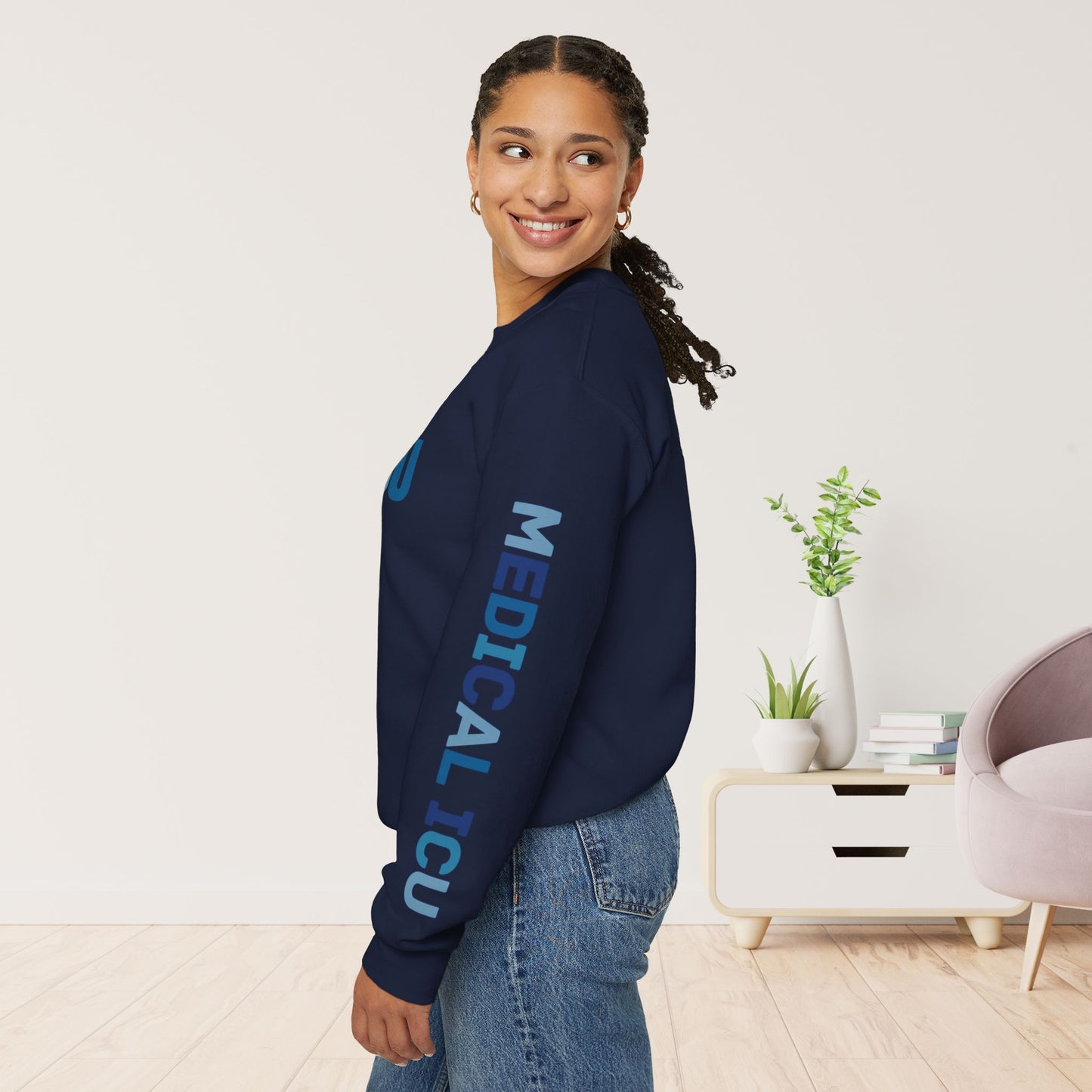 Trendy Blue MICU Sweatshirt with Sleeve Print - Medical ICU Crewneck