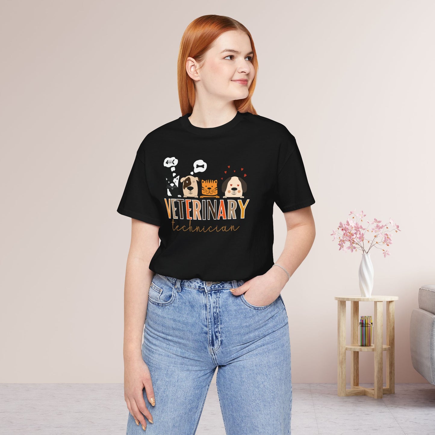 Veterinary Technician Soft Cotton Tee with Cute Dogs and Cats for VET Technician