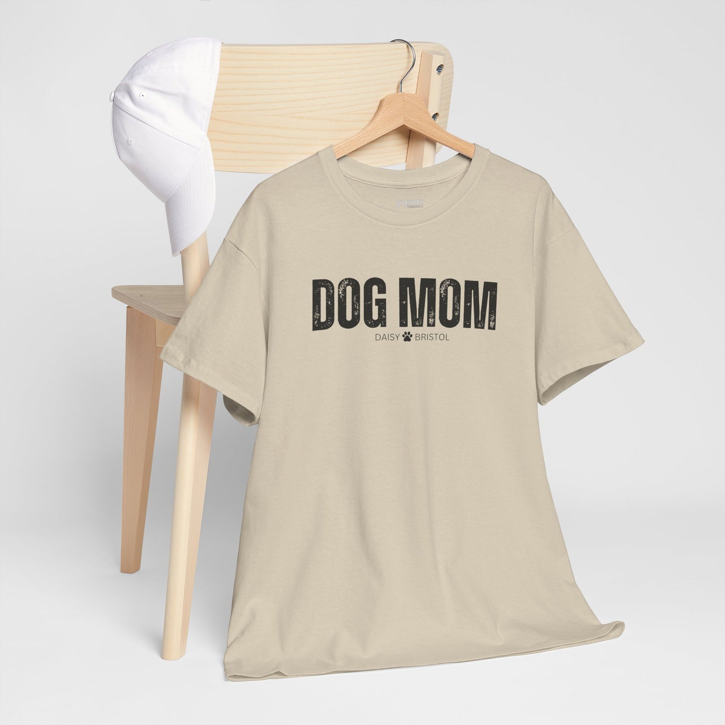 Custom Dog Mom Heavy Cotton Tee with Dogs Name - Personalized Dog Lover Gift