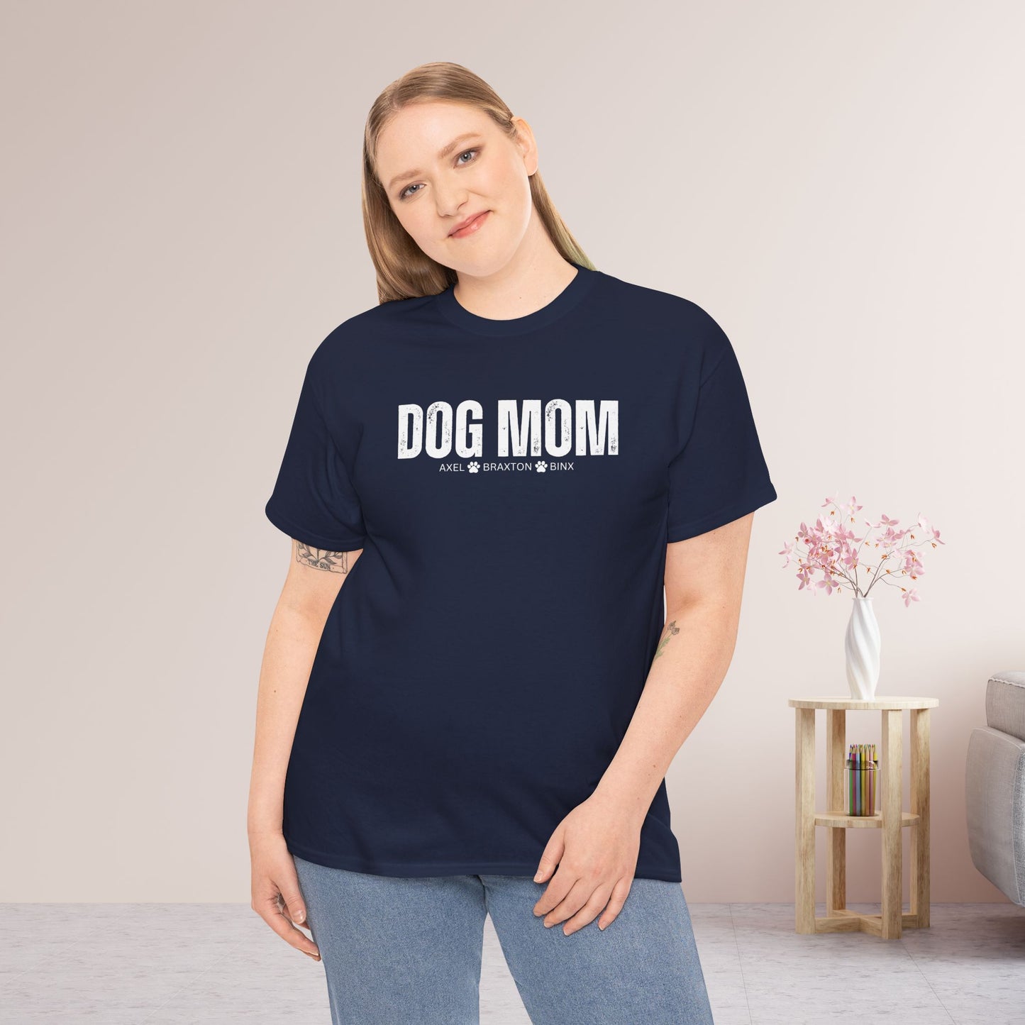 Custom Dog Mom Heavy Cotton Tee with Dogs Name - Personalized Dog Lover Gift