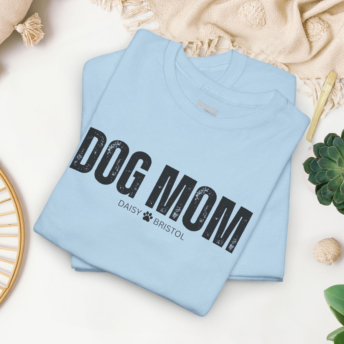 Custom Dog Mom Heavy Cotton Tee with Dogs Name - Personalized Dog Lover Gift