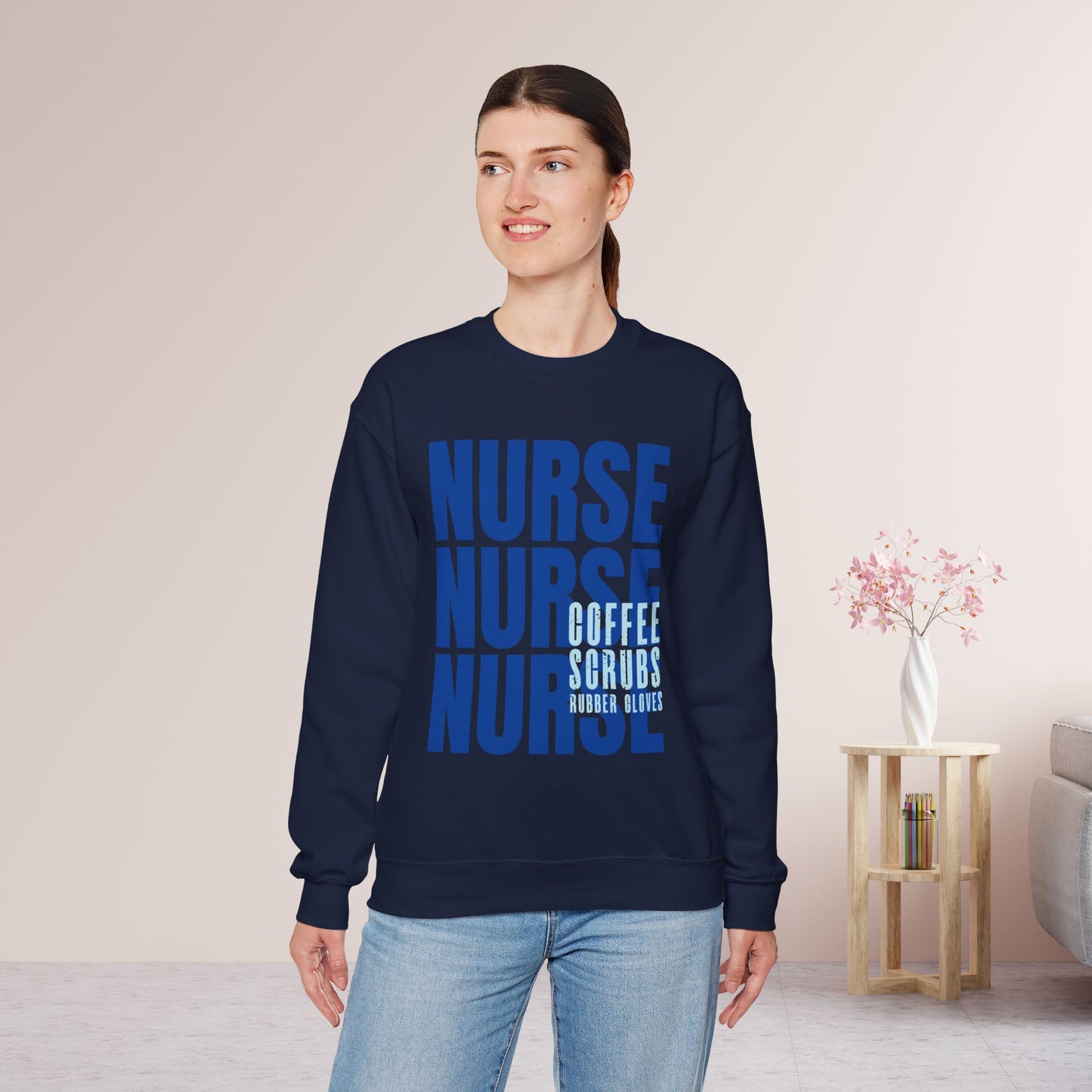 Blue Nurse Sweatshirt - Coffee Scrubs Rubber Gloves Crewneck