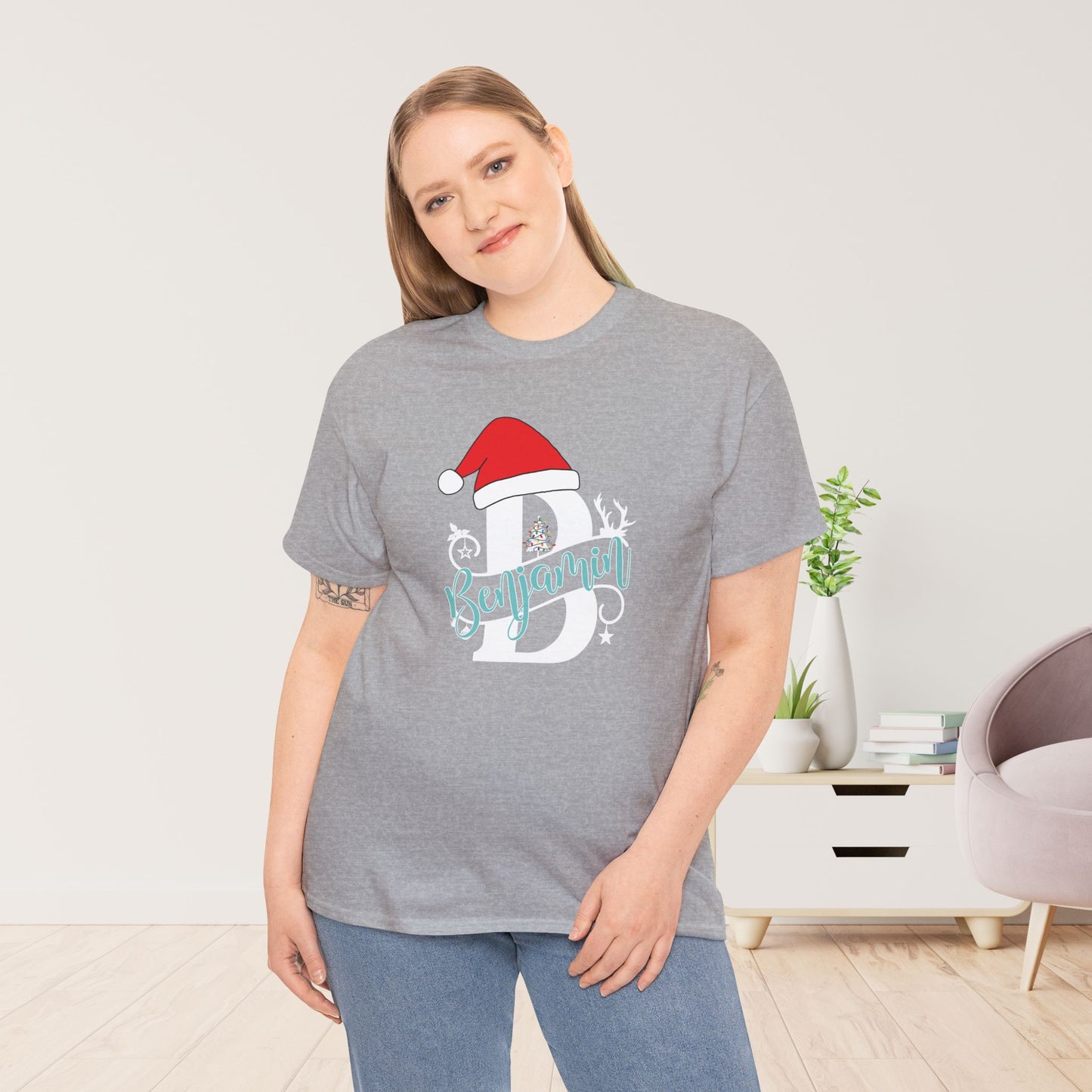 Personalized Christmas Monogram Heavy Cotton Tee with First Name - Custom Christmas Gifts