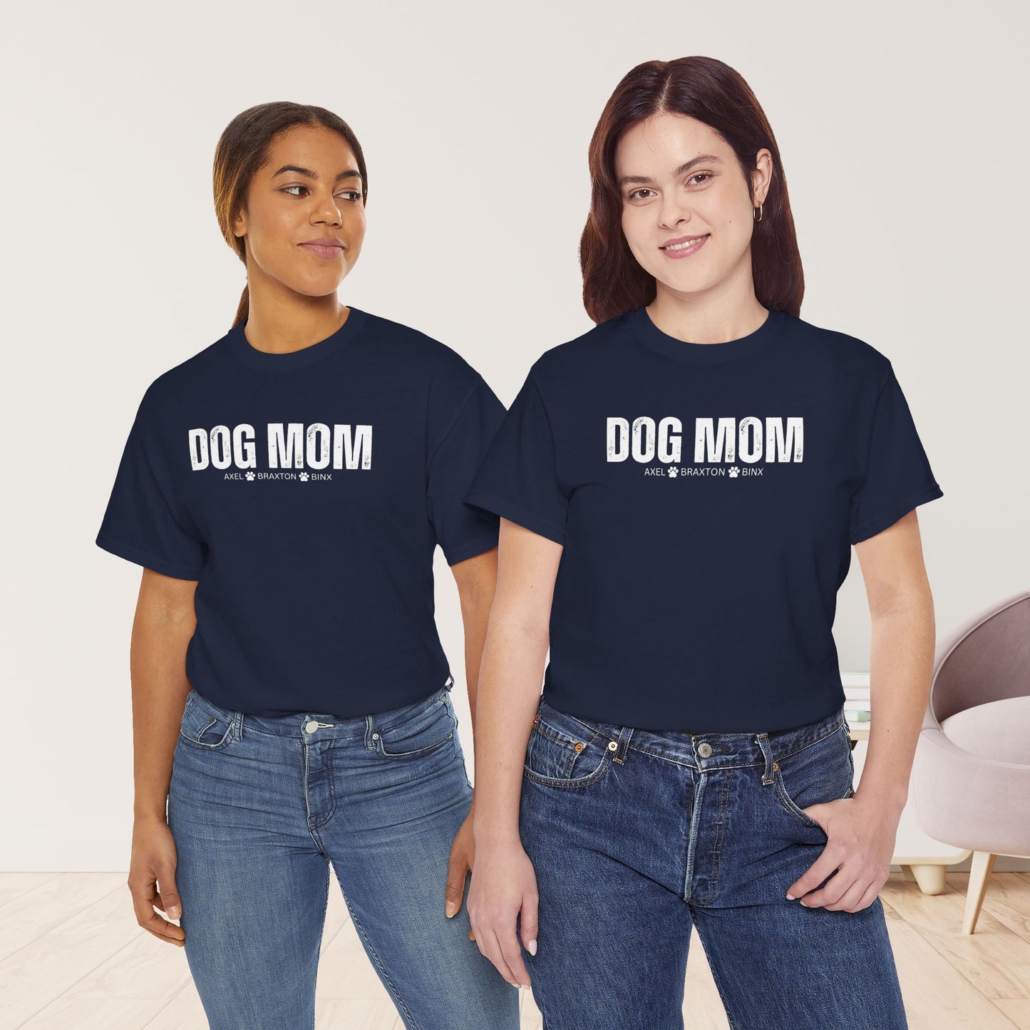 Custom Dog Mom Heavy Cotton Tee with Dogs Name - Personalized Dog Lover Gift