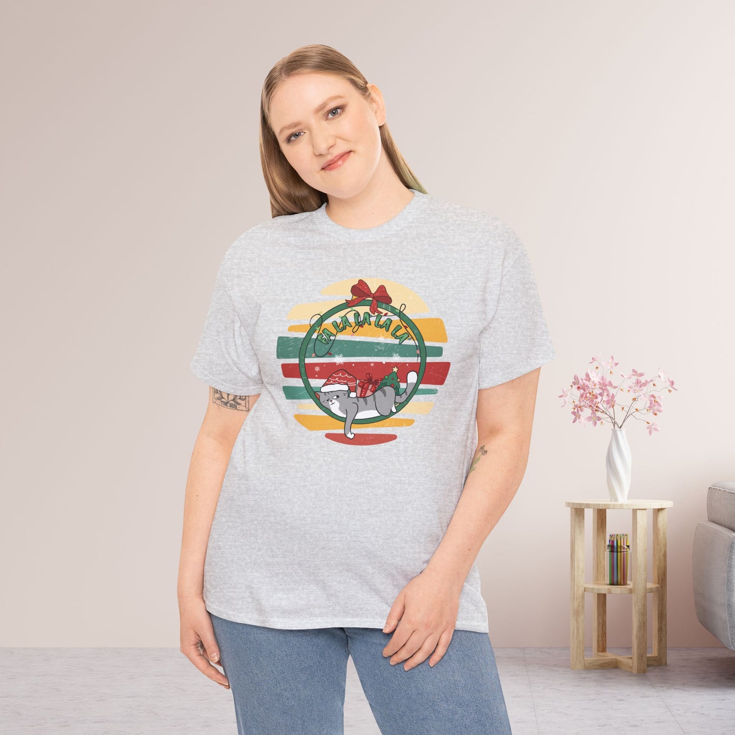 Fa La La La La Funny Cat Christmas Heavy Cotton Tee - Cat Lovers Christmas Gift