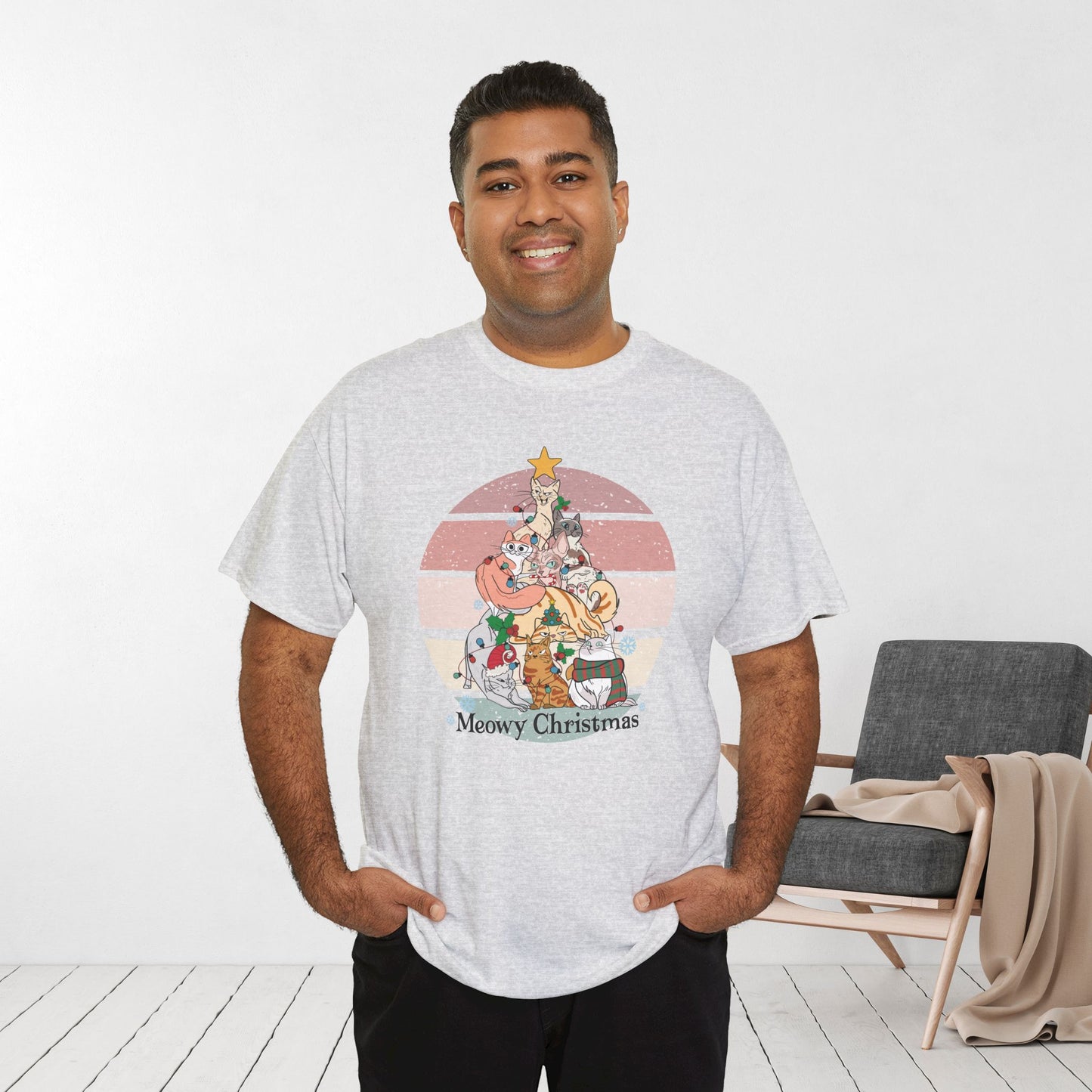 Meowy Christmas Funny Cat Christmas Heavy Cotton Tee - Cat Lovers Christmas Gift