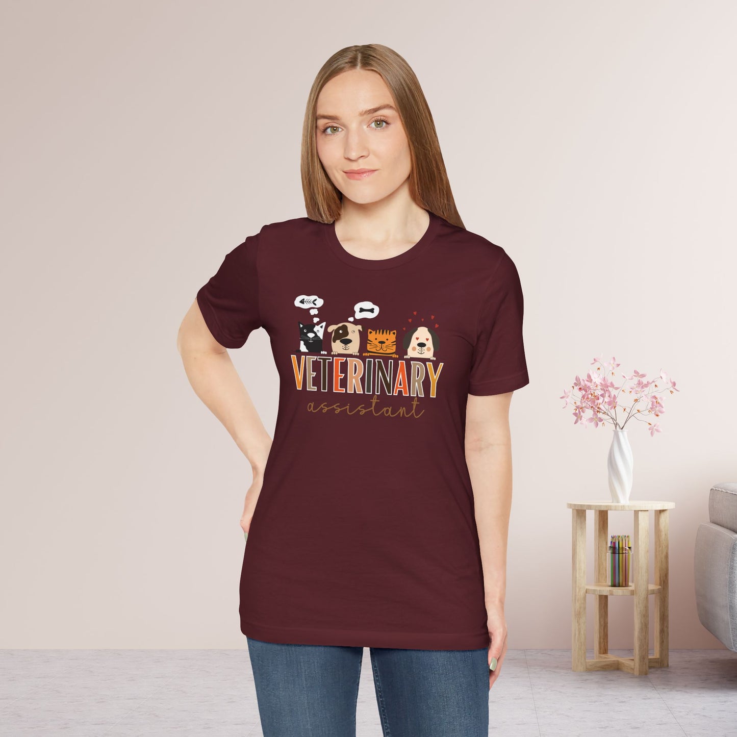 Cute Veterinary Assistant Soft Cotton Tee with Dogs and Cats for VET Assistant